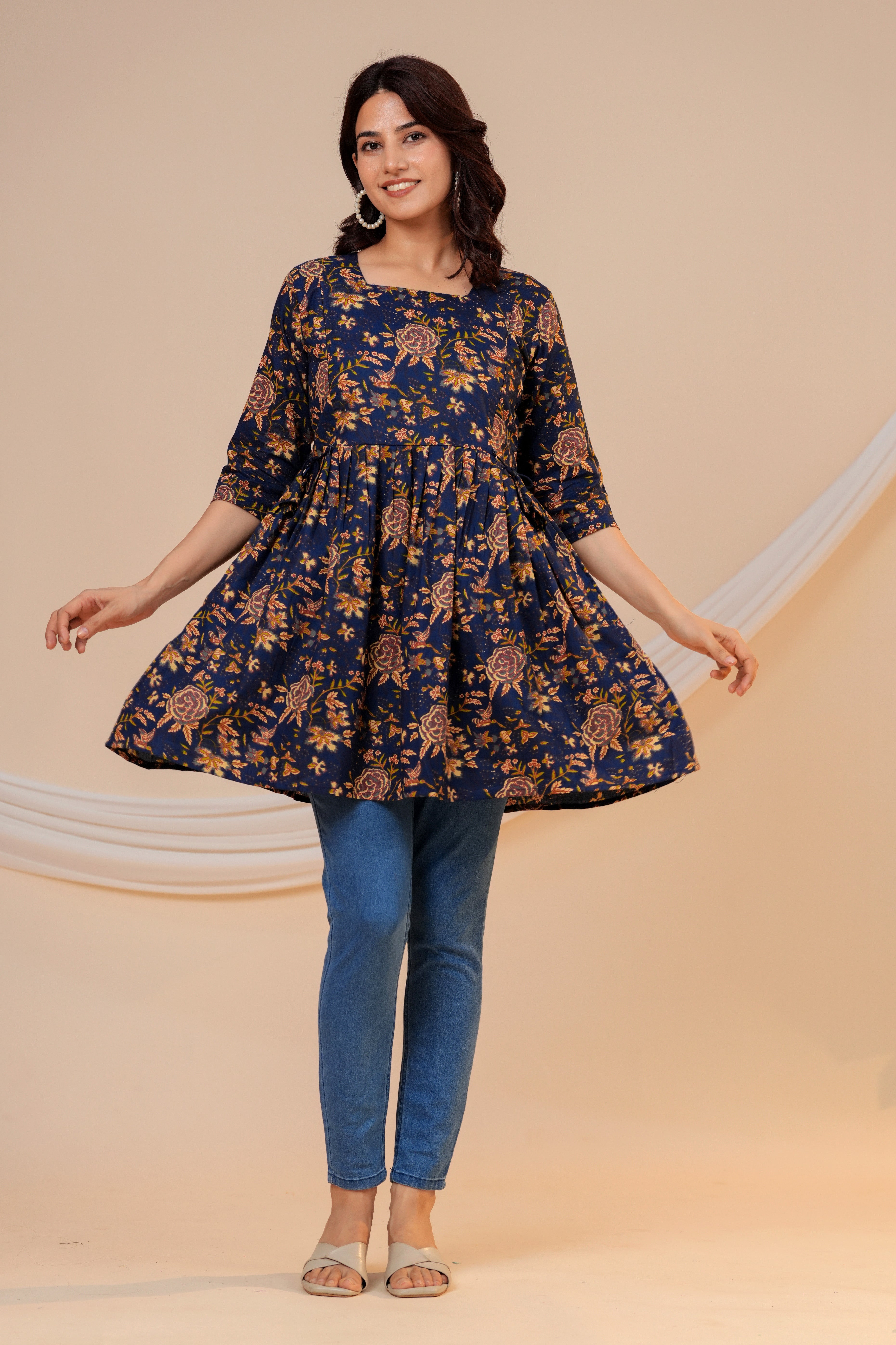 Midnight Floral Cotton Maternity Kurti with Double Side Zippers