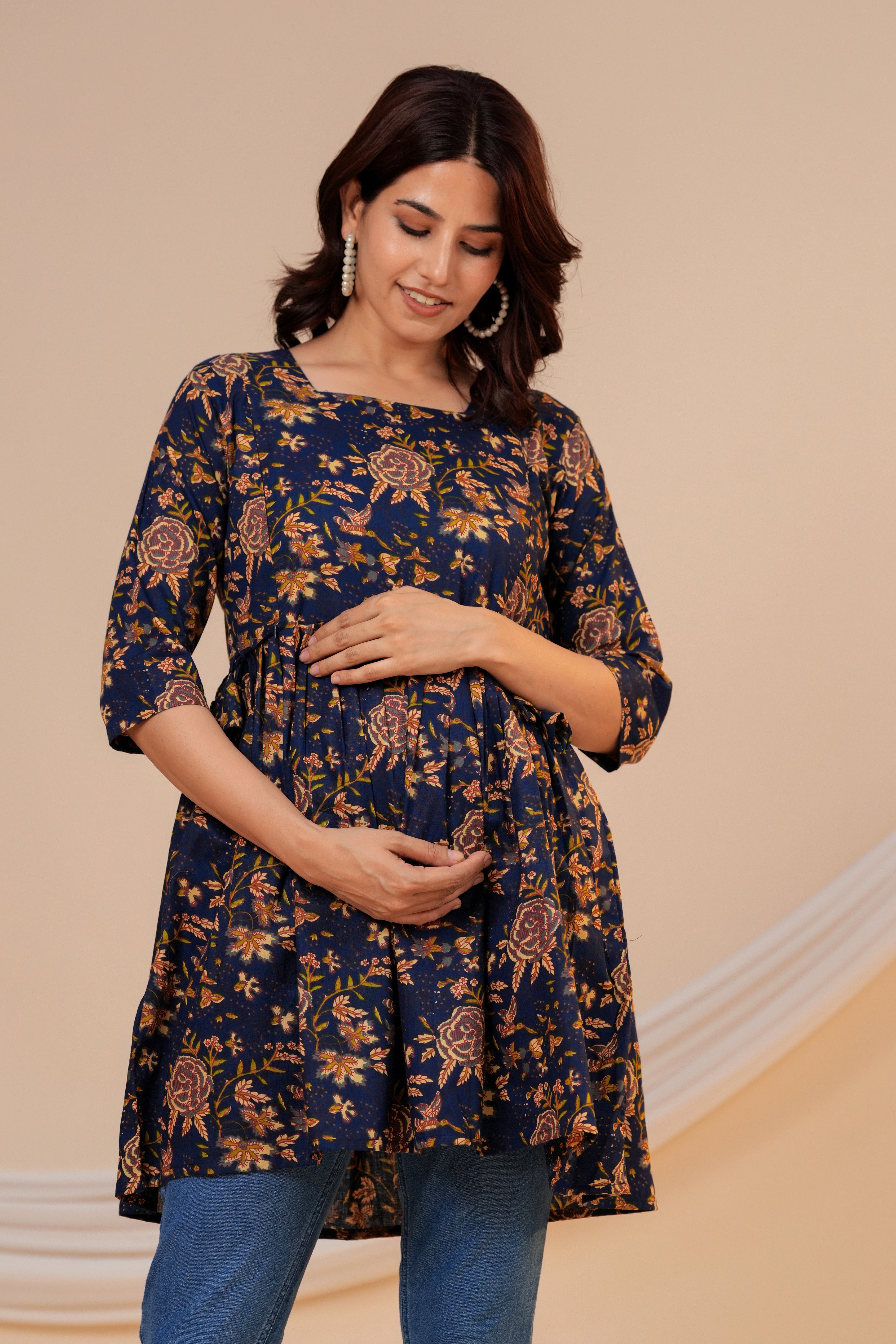 Midnight Floral Cotton Maternity Kurti with Double Side Zippers