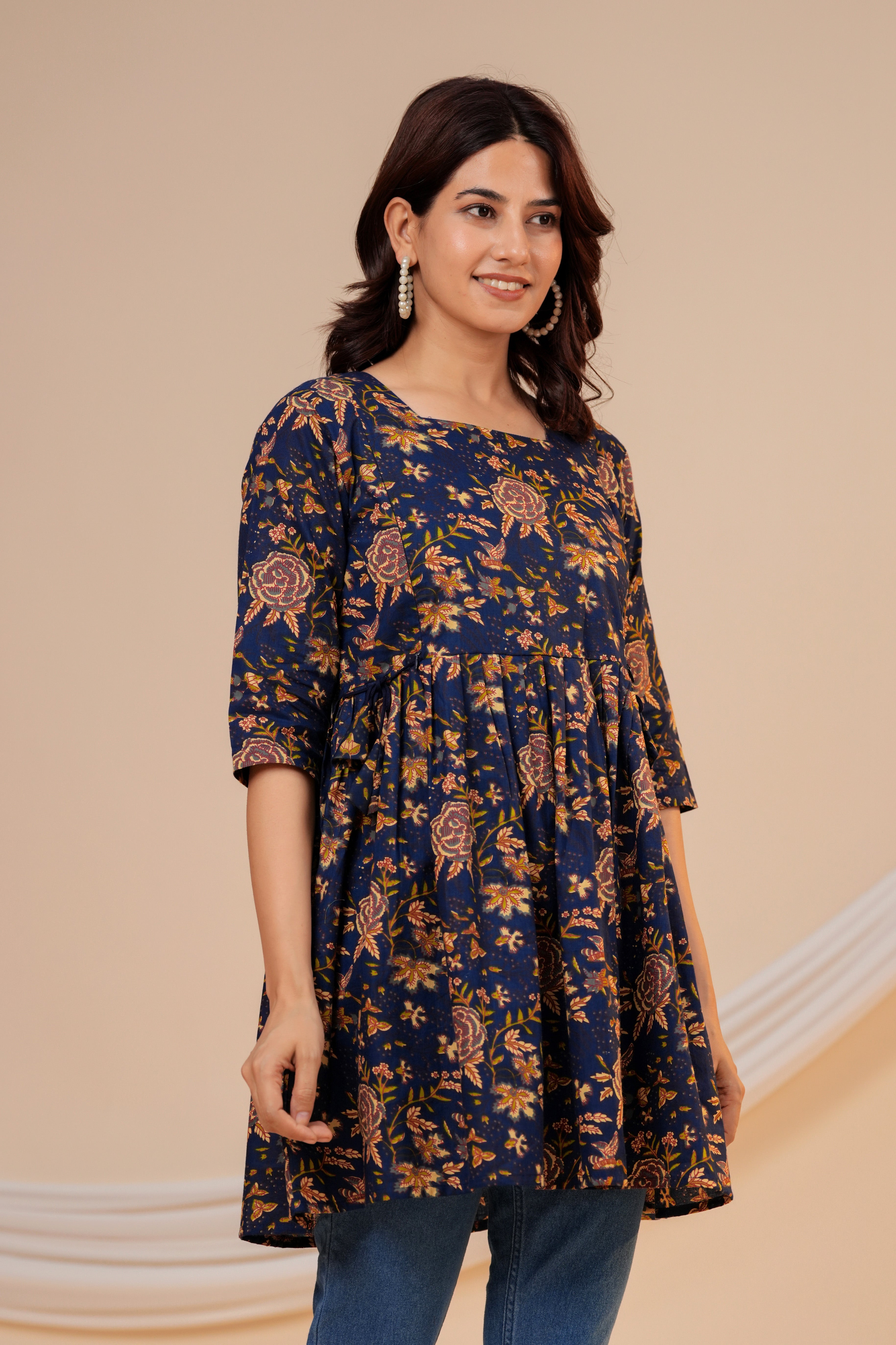 Midnight Floral Cotton Maternity Kurti with Double Side Zippers