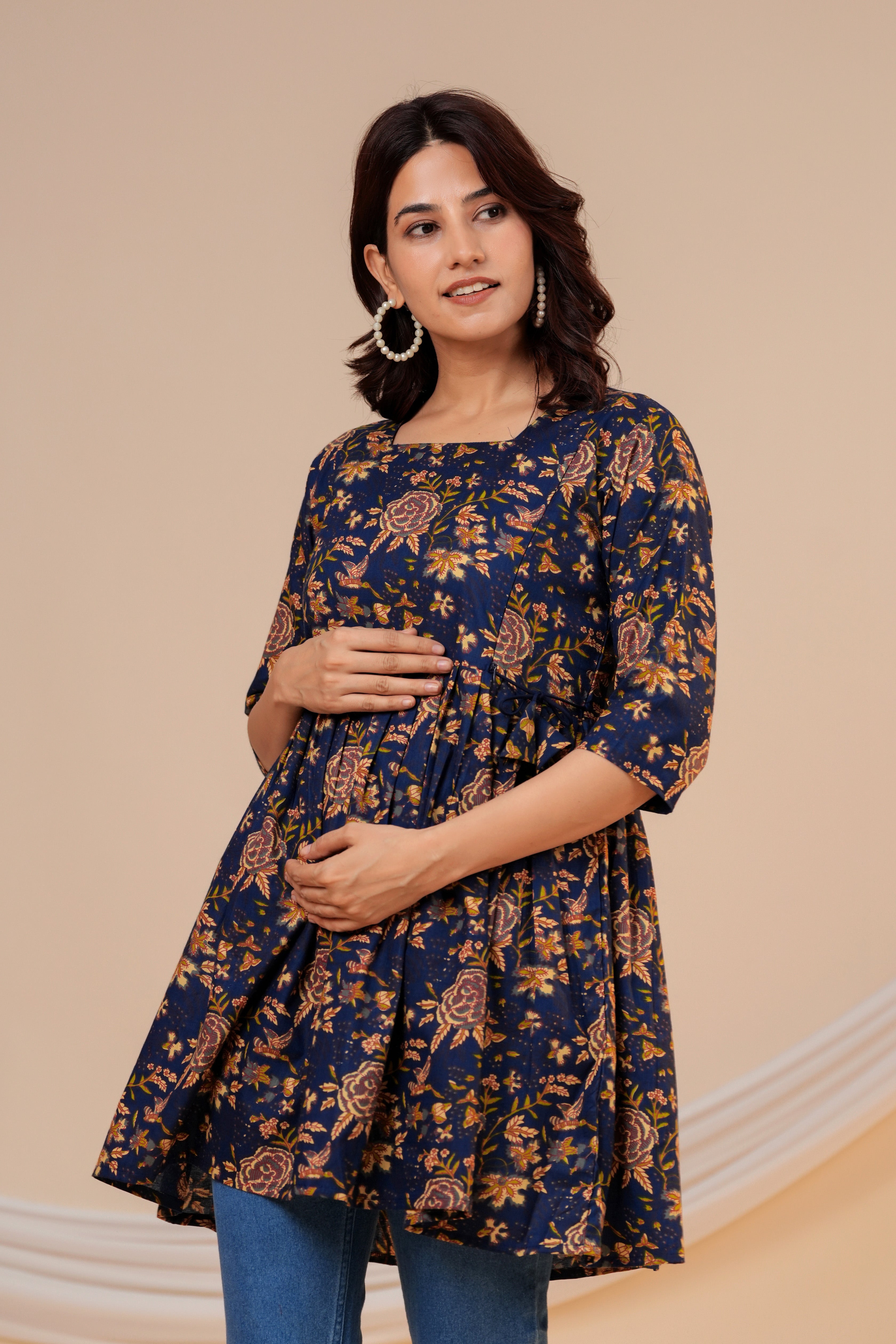 Midnight Floral Cotton Maternity Kurti with Double Side Zippers
