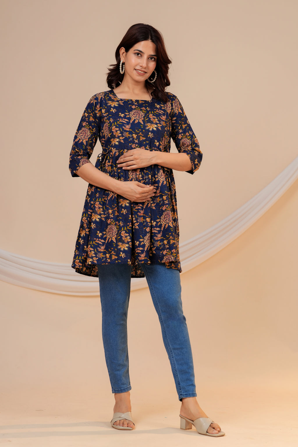 Midnight Floral Cotton Maternity Kurti with Double Side Zippers