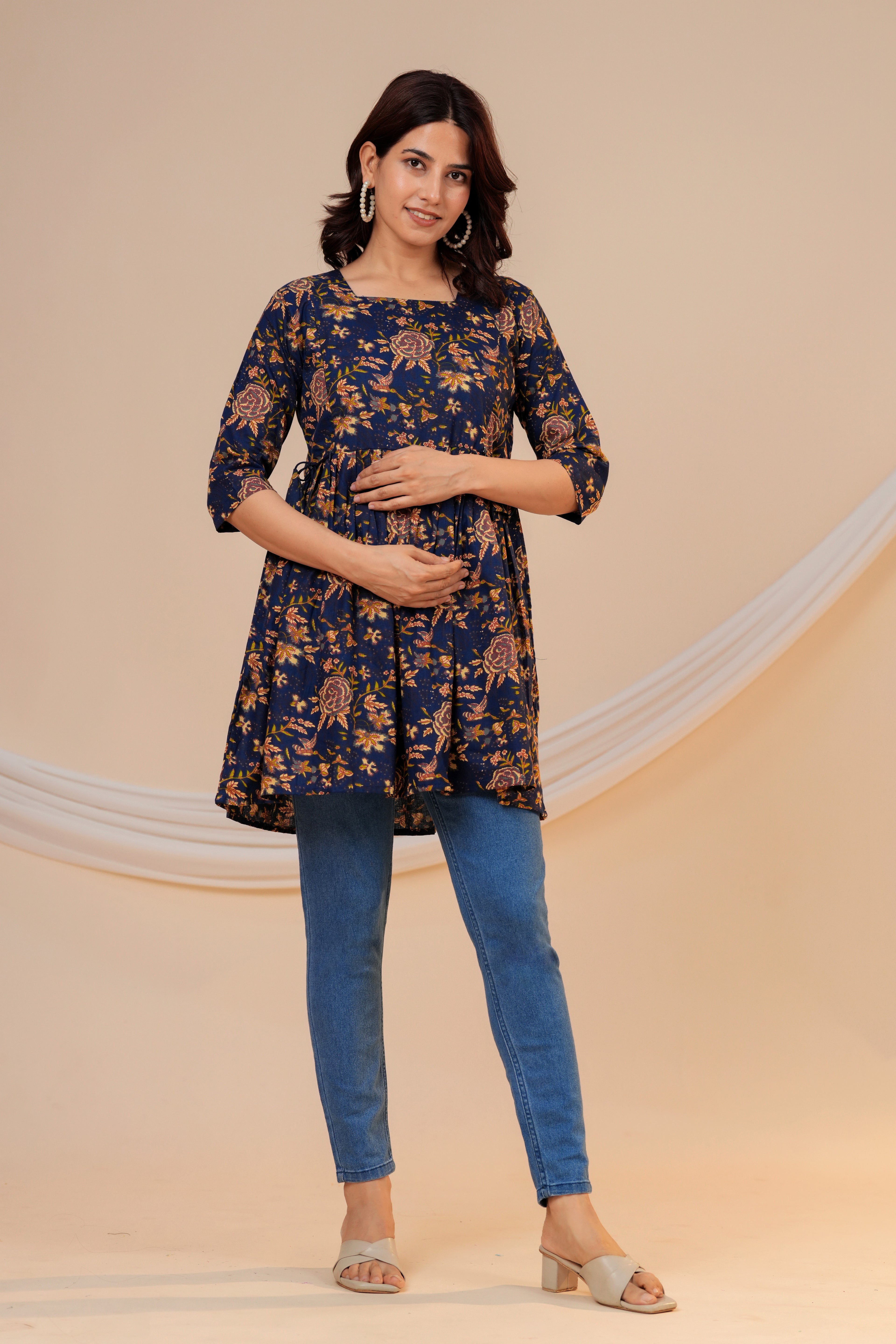 Midnight Floral Cotton Maternity Kurti with Double Side Zippers