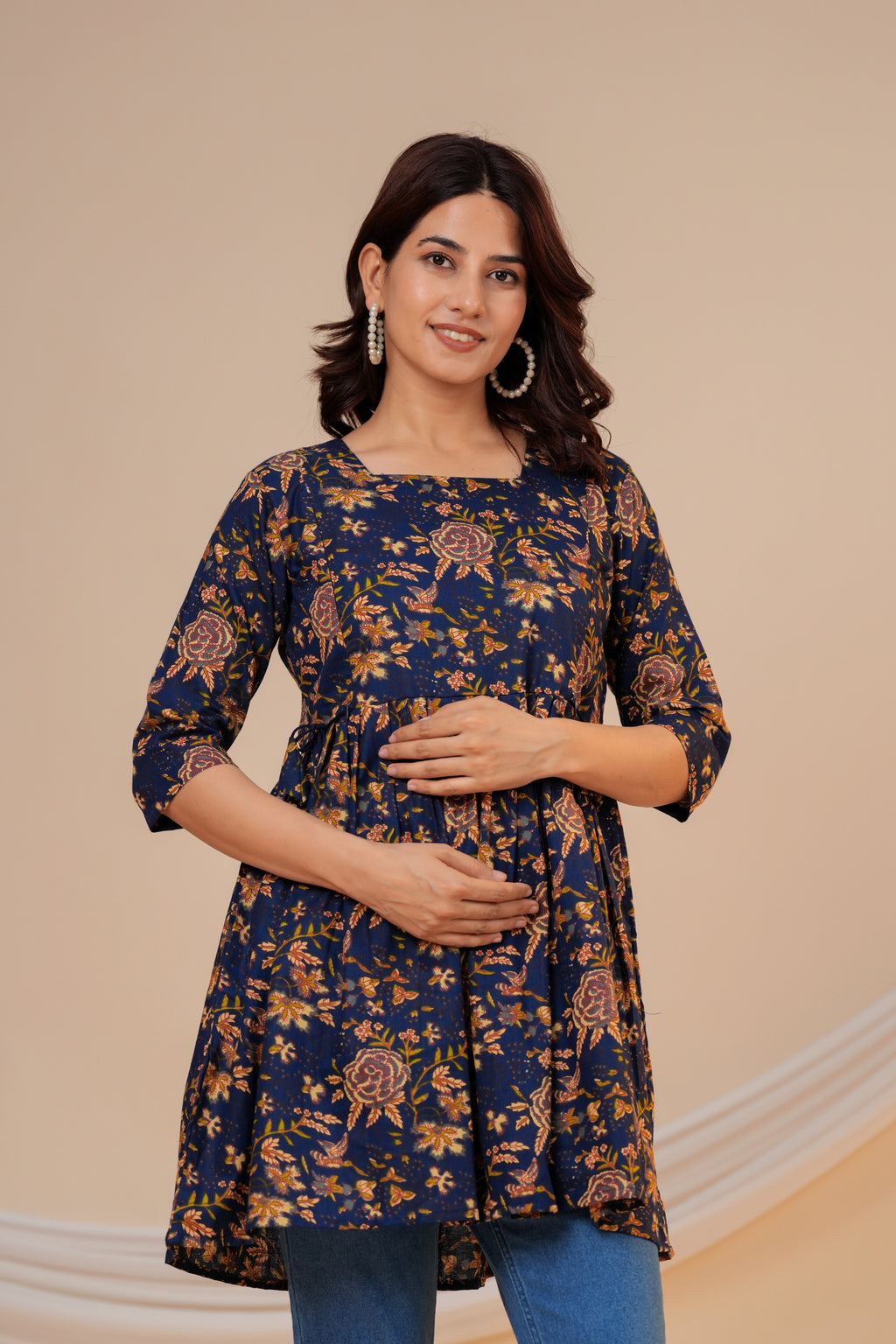 Midnight Floral Cotton Maternity Kurti with Double Side Zippers