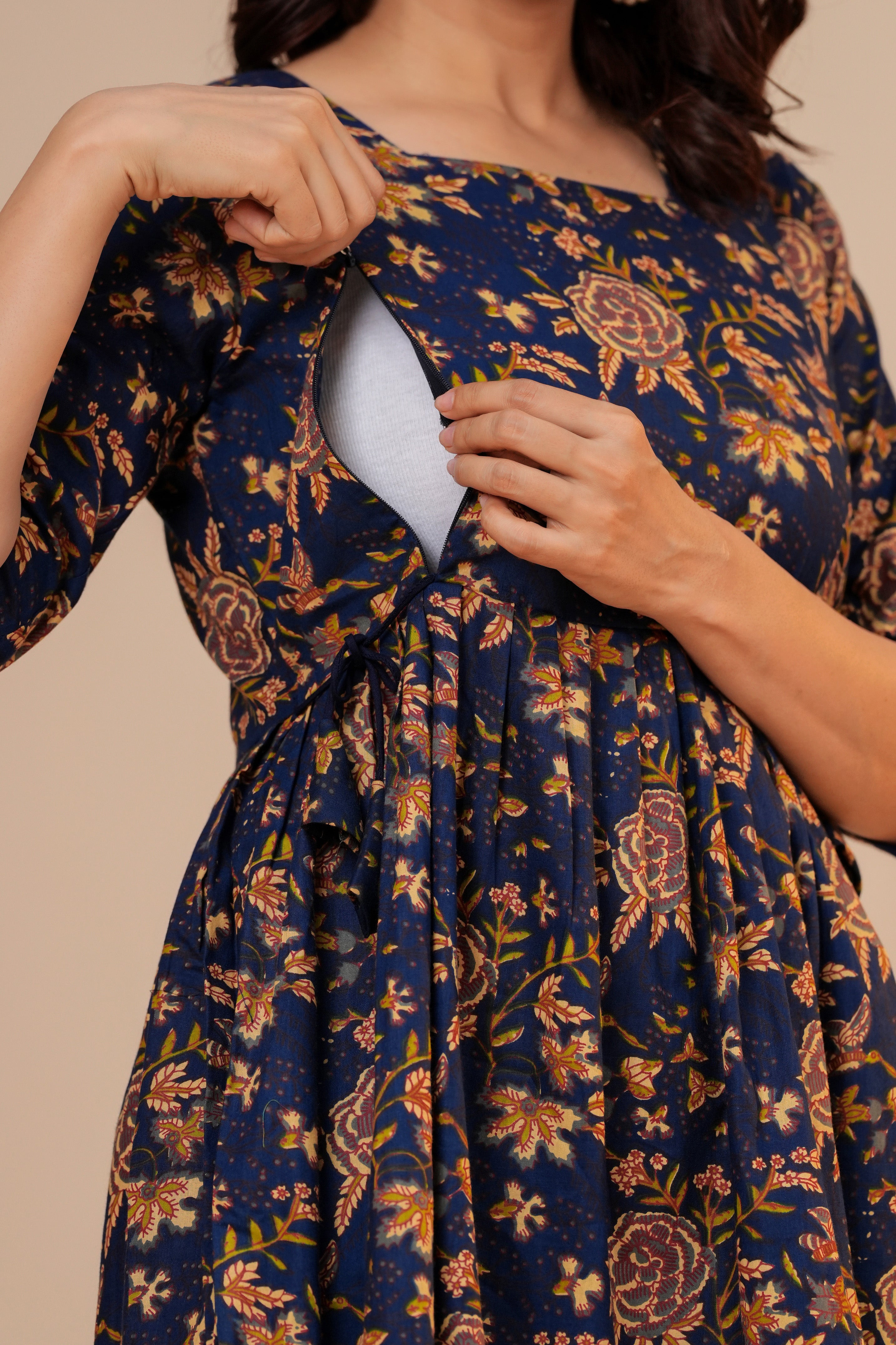 Midnight Floral Cotton Maternity Kurti with Double Side Zippers