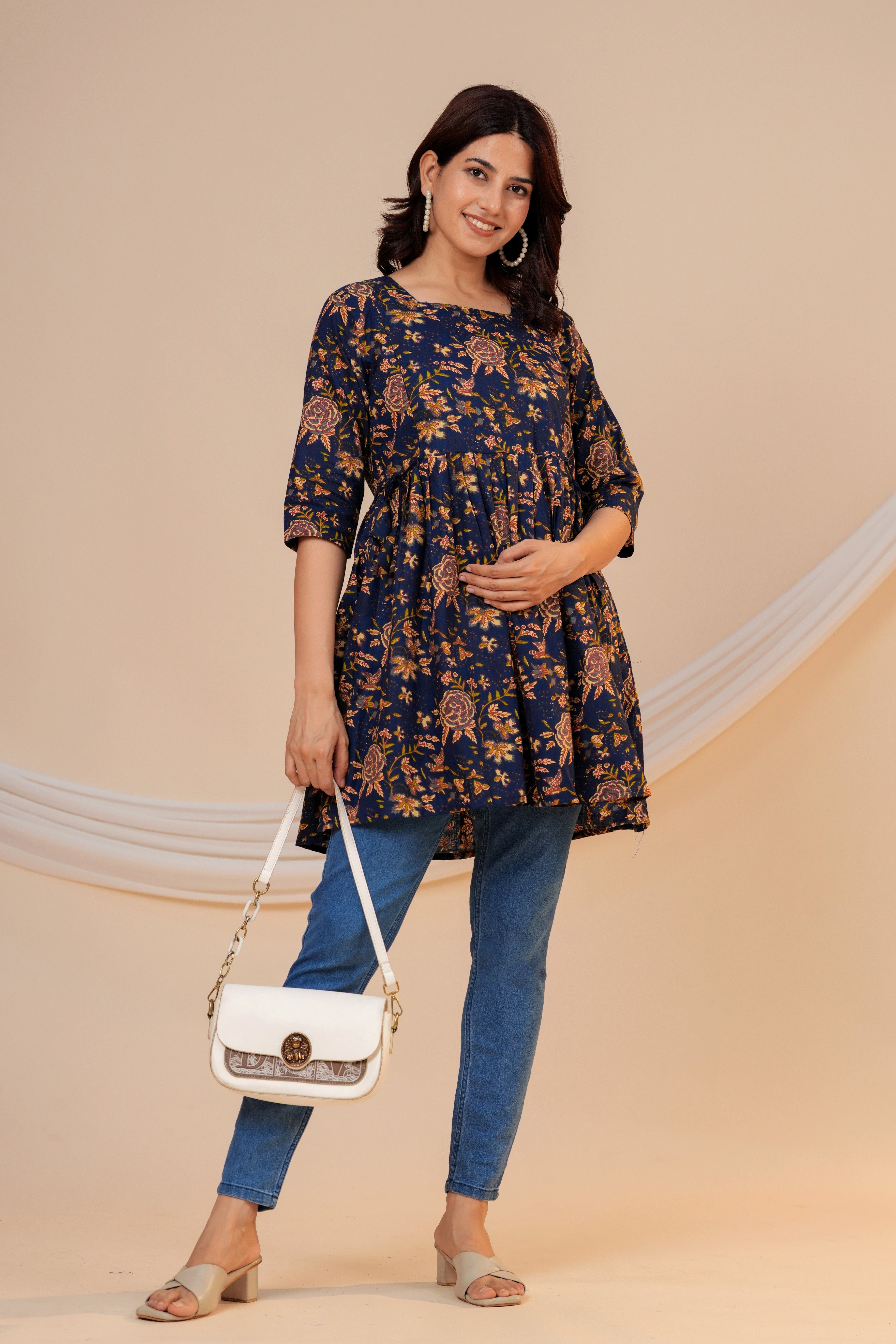 Midnight Floral Cotton Maternity Kurti with Double Side Zippers