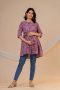 Lavender Bloom Cotton Maternity Kurti with Double Side Zippers