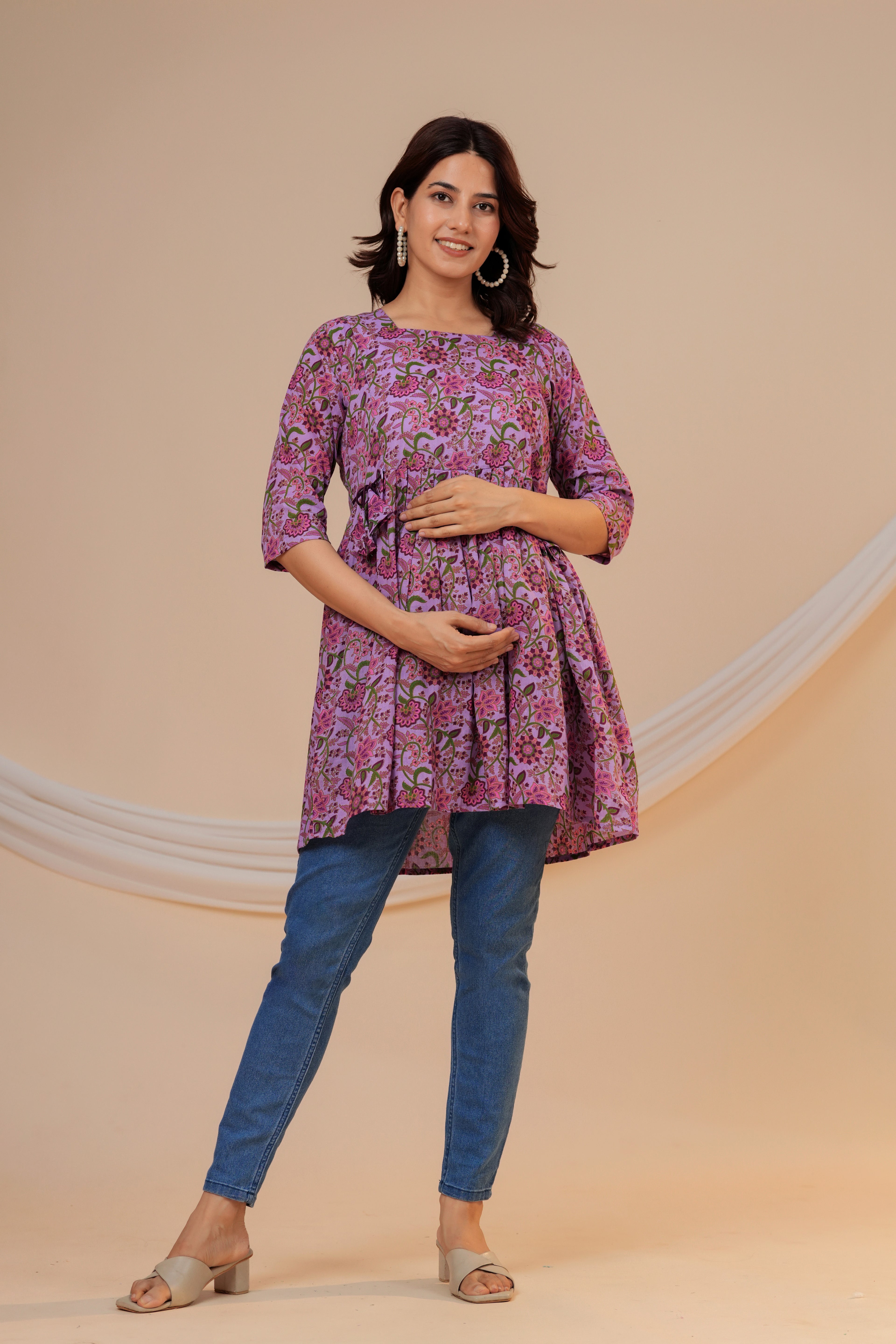 Lavender Bloom Cotton Maternity Kurti with Double Side Zippers