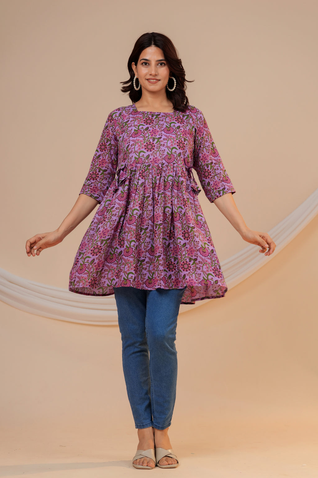 Lavender Bloom Cotton Maternity Kurti with Double Side Zippers