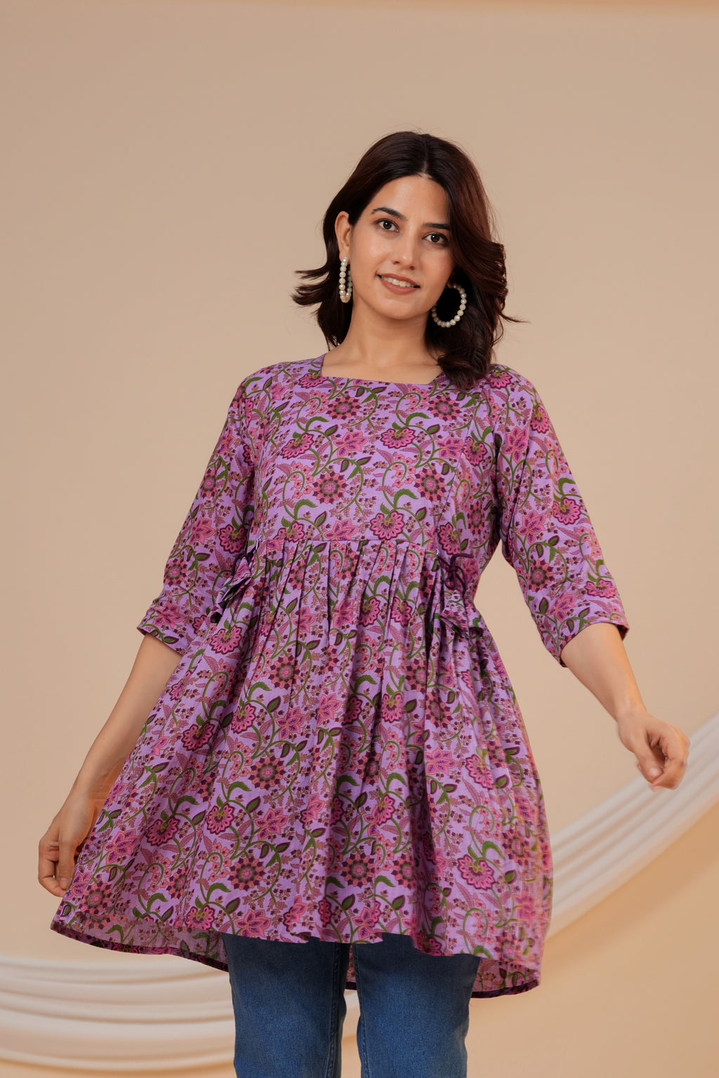 Lavender Bloom Cotton Maternity Kurti with Double Side Zippers