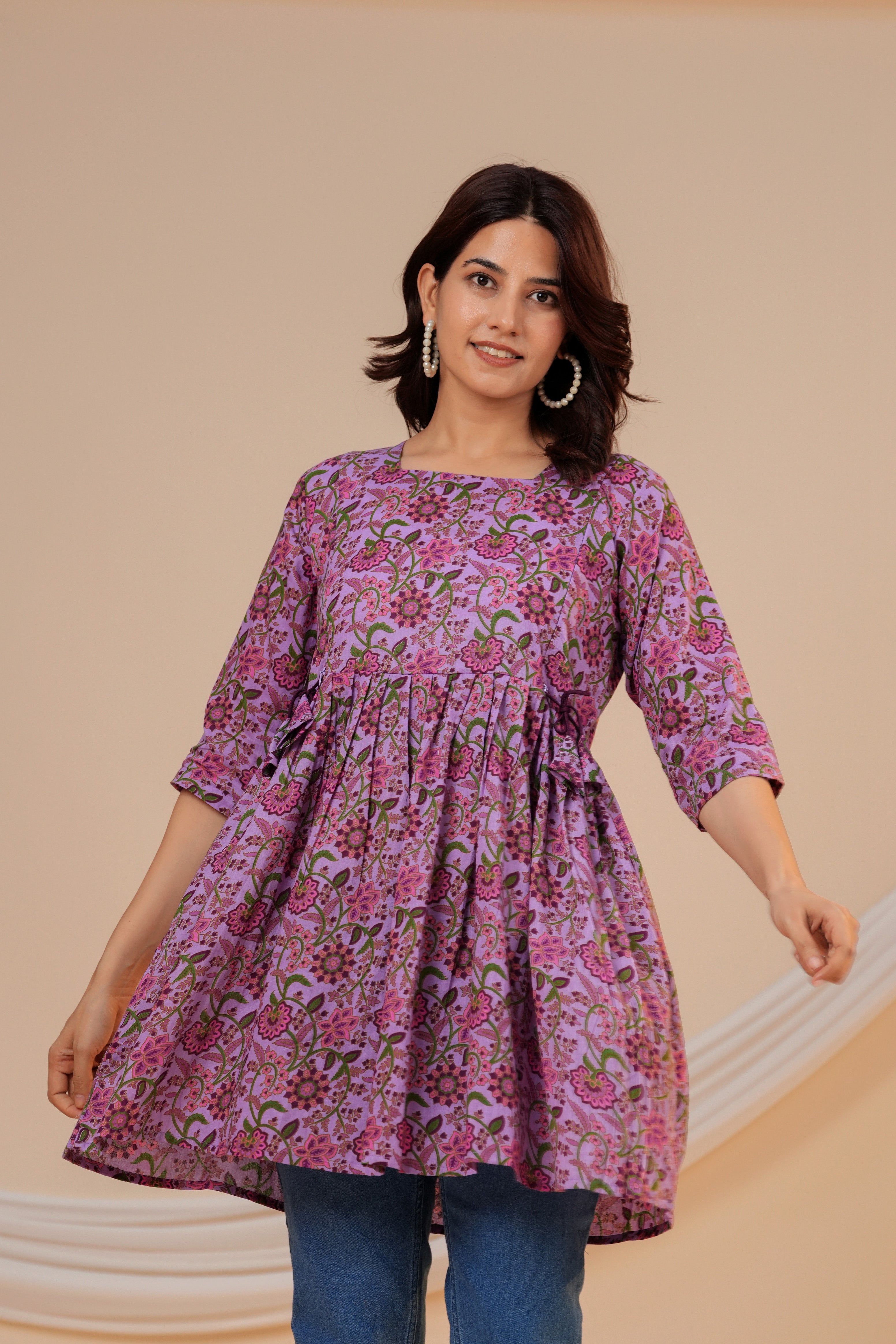 Lavender Bloom Cotton Maternity Kurti with Double Side Zippers