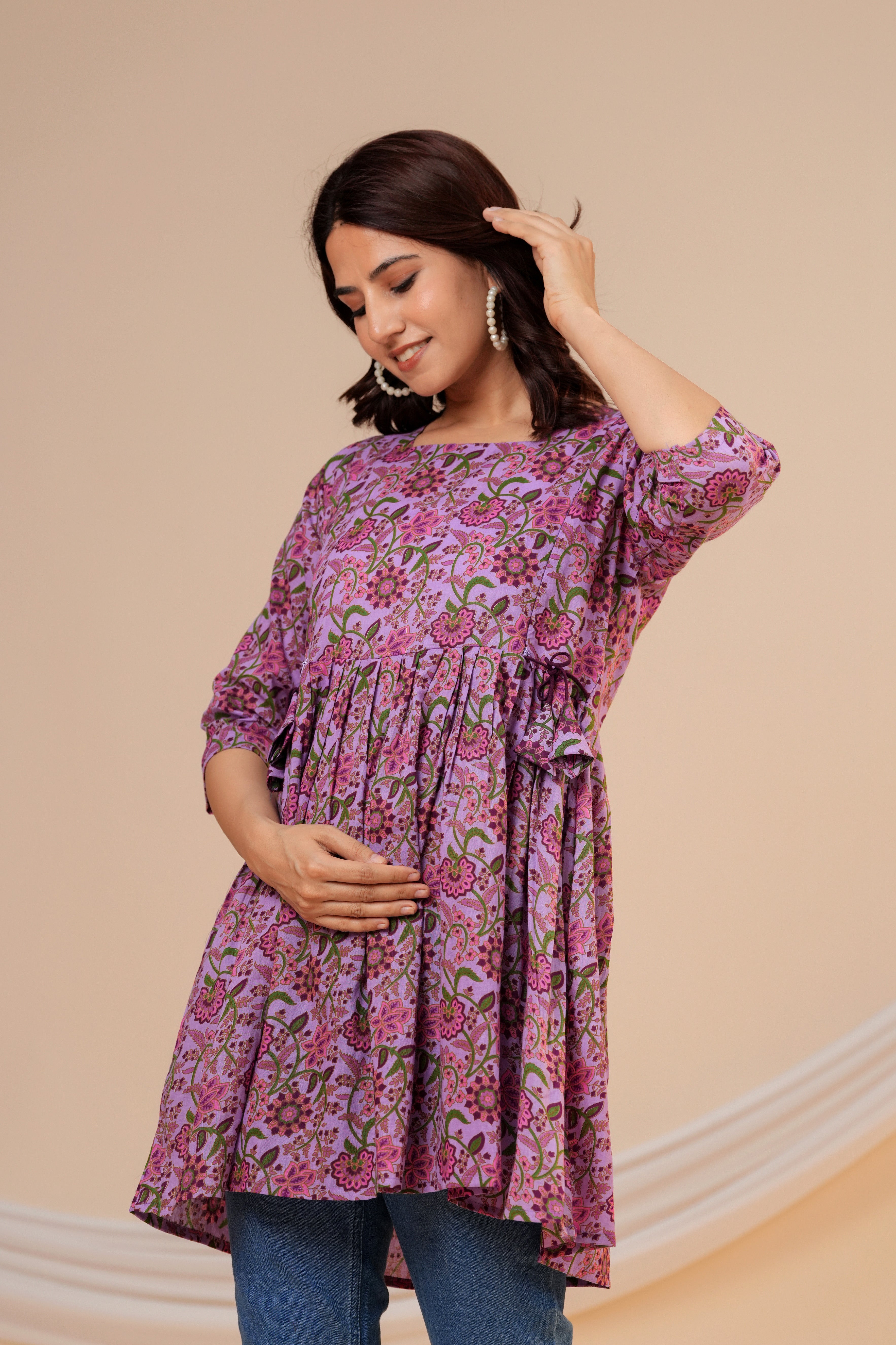 Lavender Bloom Cotton Maternity Kurti with Double Side Zippers
