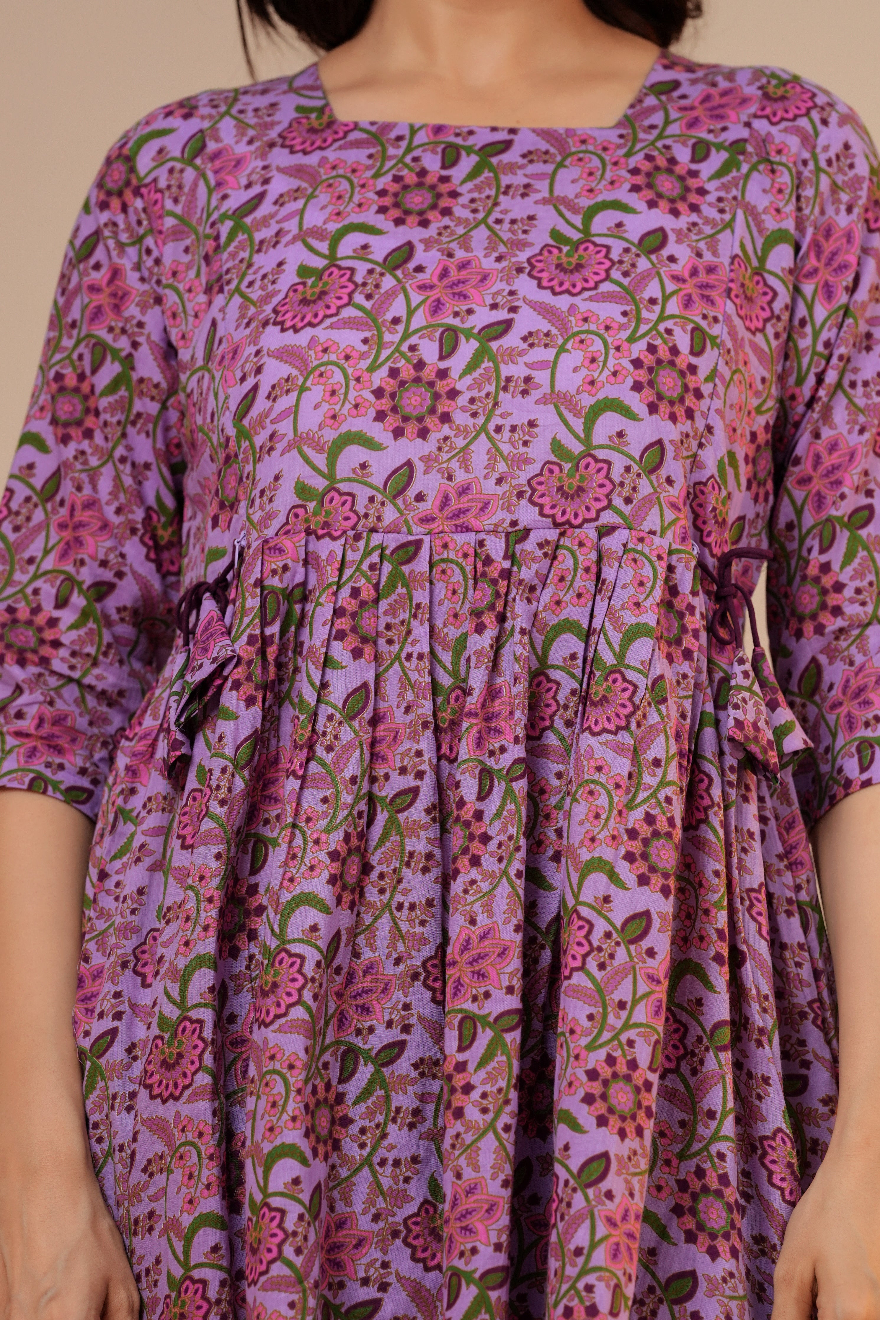 Lavender Bloom Cotton Maternity Kurti with Double Side Zippers