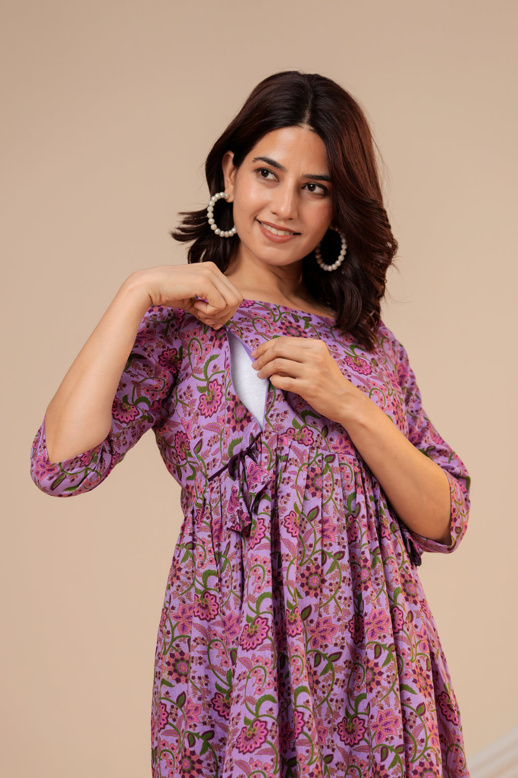 Lavender Bloom Cotton Maternity Kurti with Double Side Zippers
