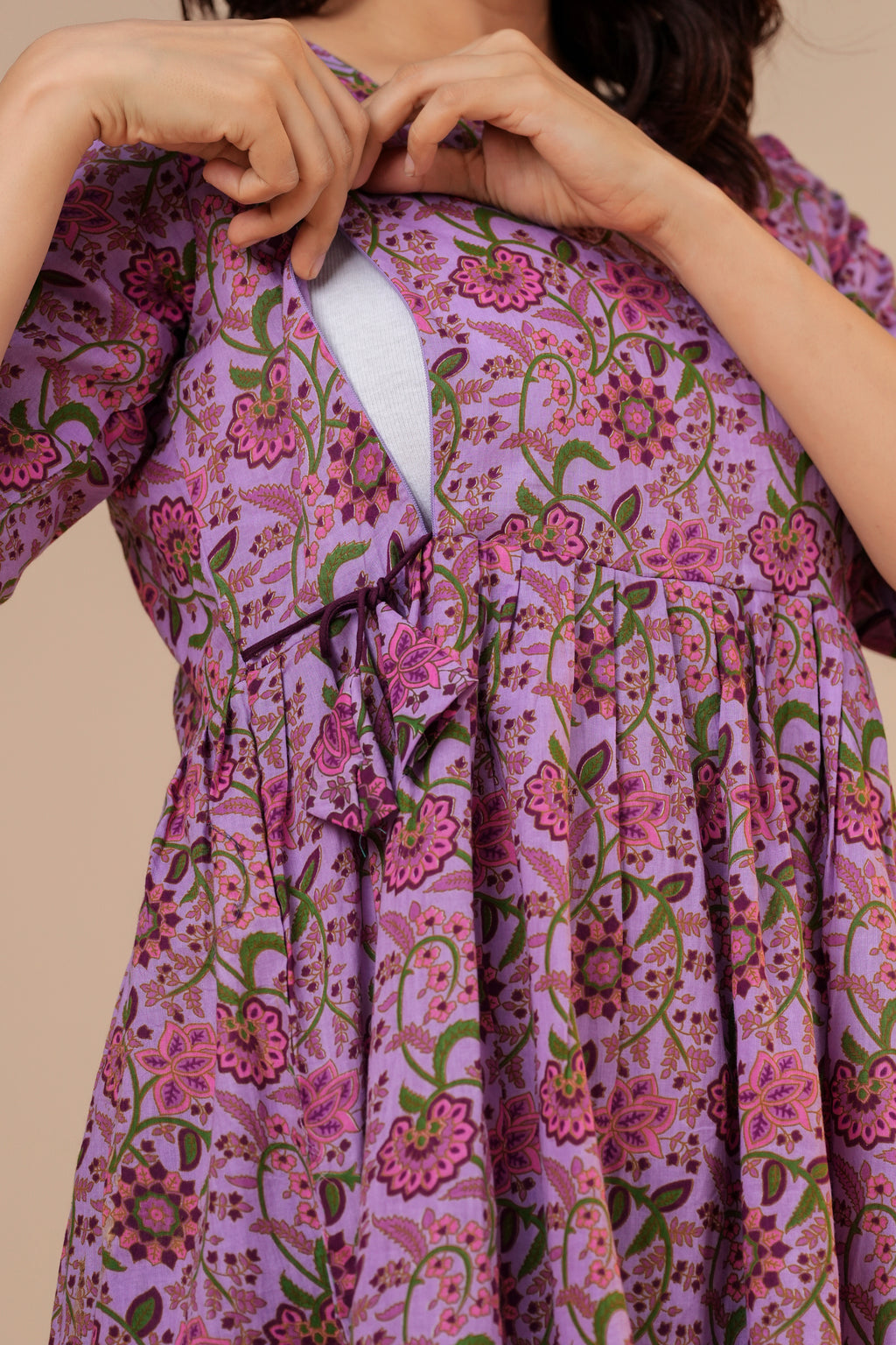 Lavender Bloom Cotton Maternity Kurti with Double Side Zippers