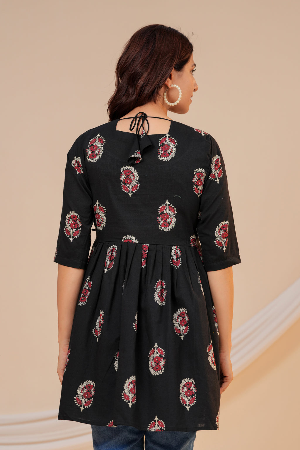 Classic Black Buti Print Cotton Maternity Kurti with Double Side Zippers