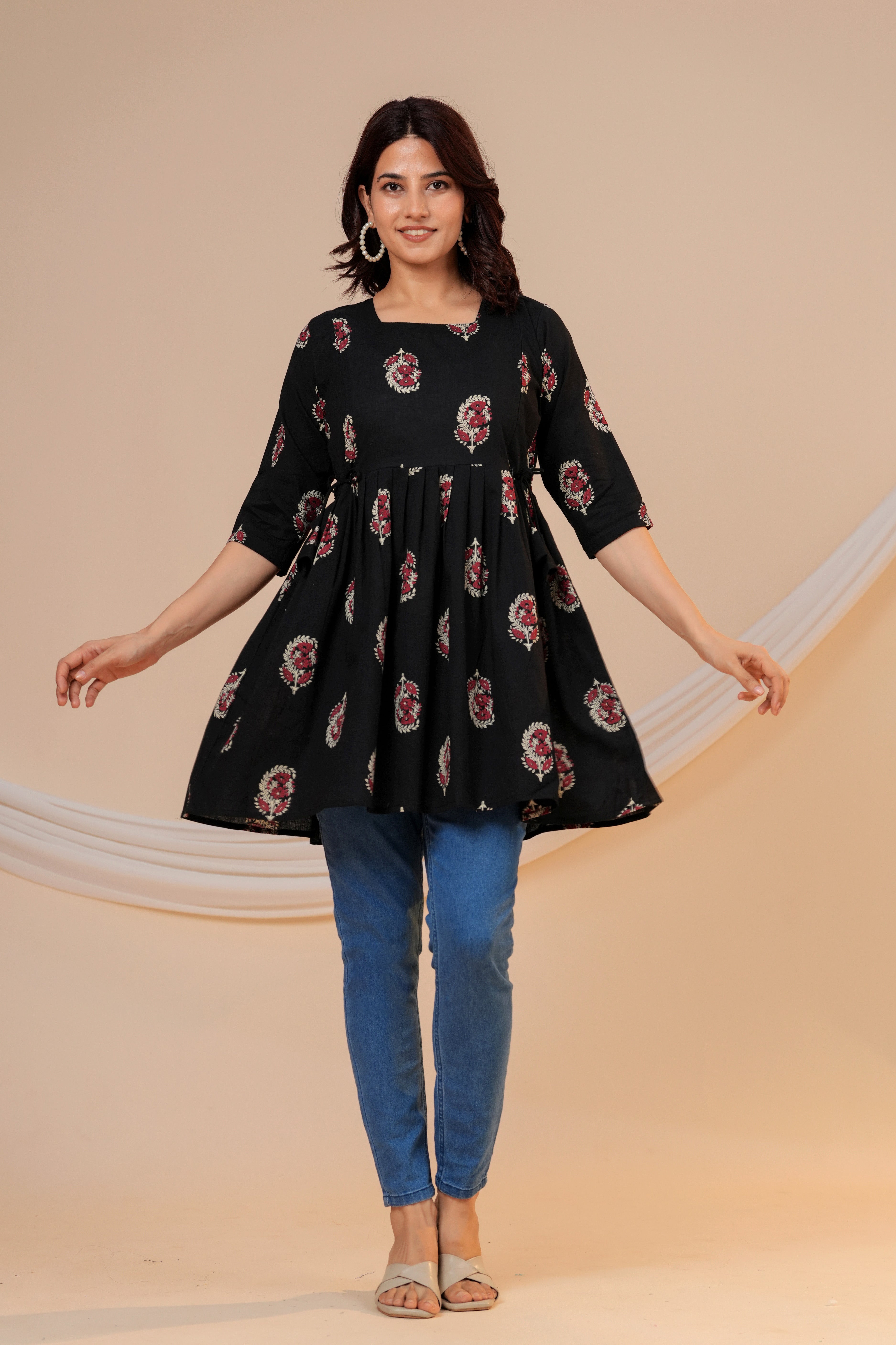 Classic Black Buti Print Cotton Maternity Kurti with Double Side Zippers