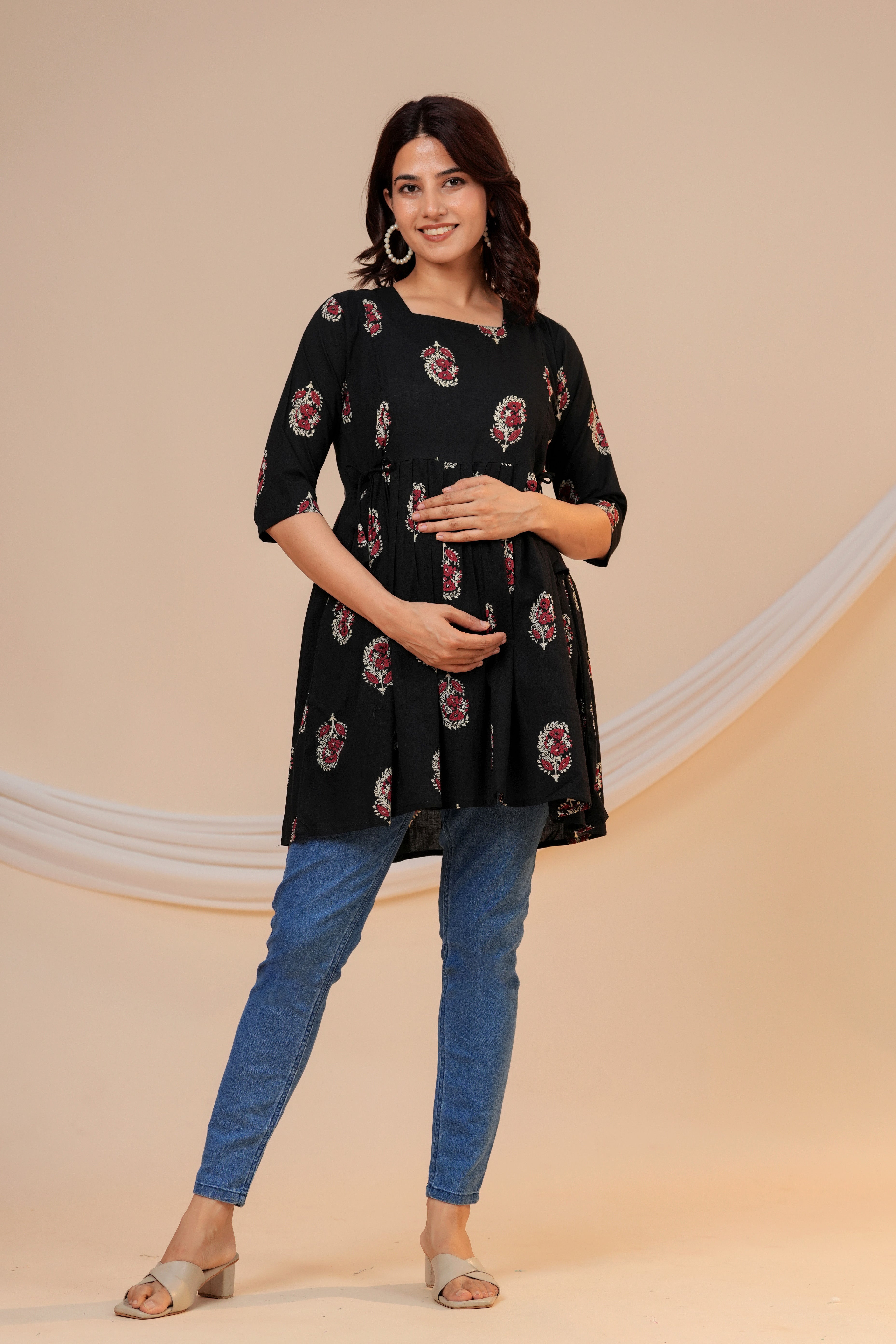 Classic Black Buti Print Cotton Maternity Kurti with Double Side Zippers
