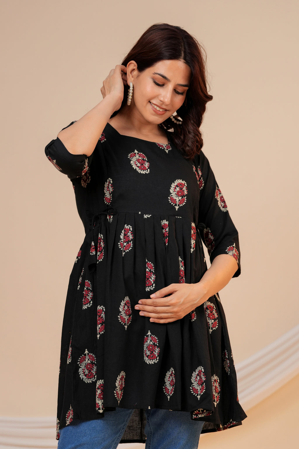 Classic Black Buti Print Cotton Maternity Kurti with Double Side Zippers
