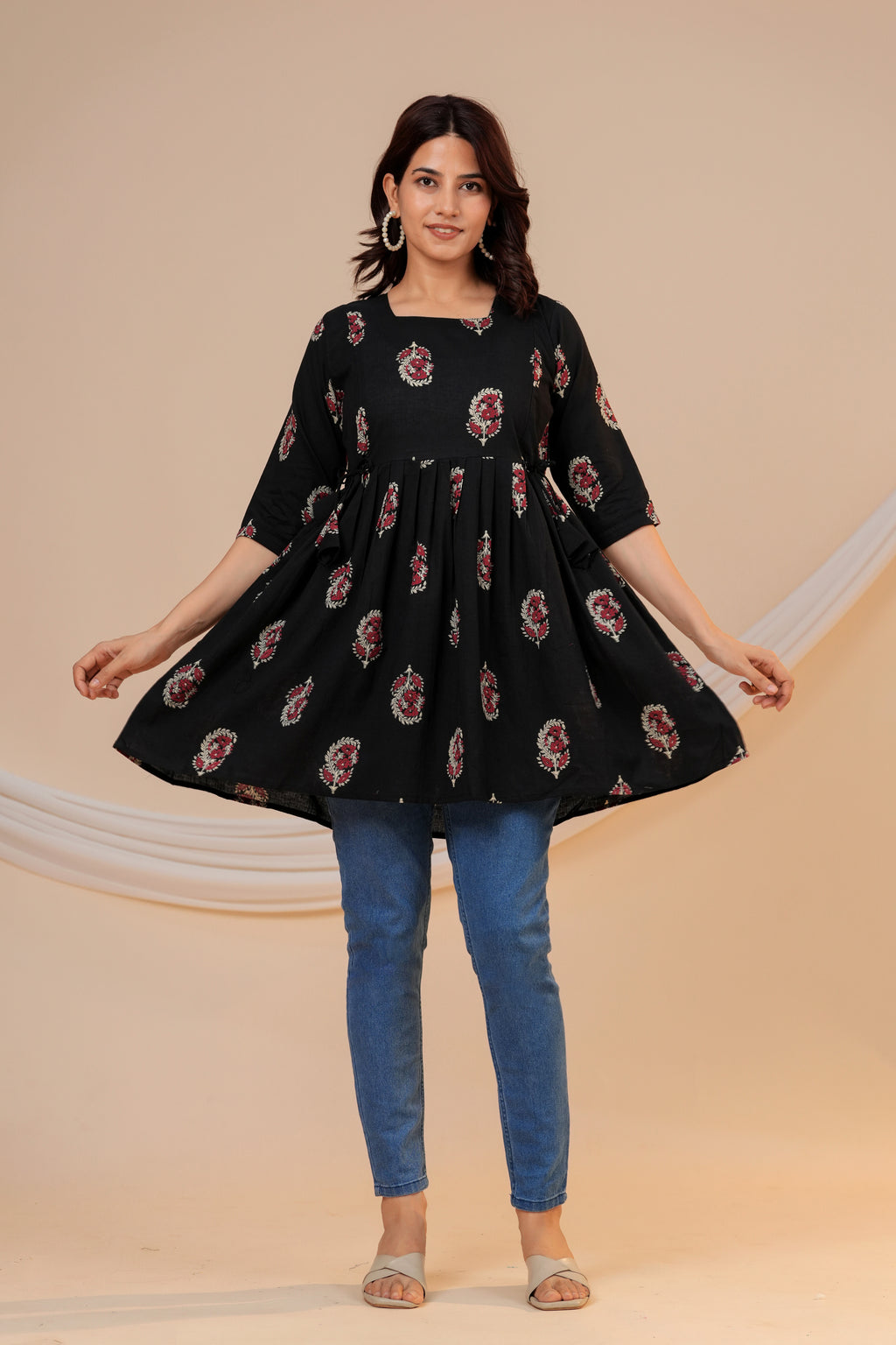 Classic Black Buti Print Cotton Maternity Kurti with Double Side Zippers