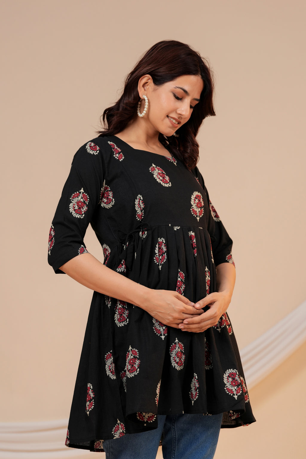 Classic Black Buti Print Cotton Maternity Kurti with Double Side Zippers