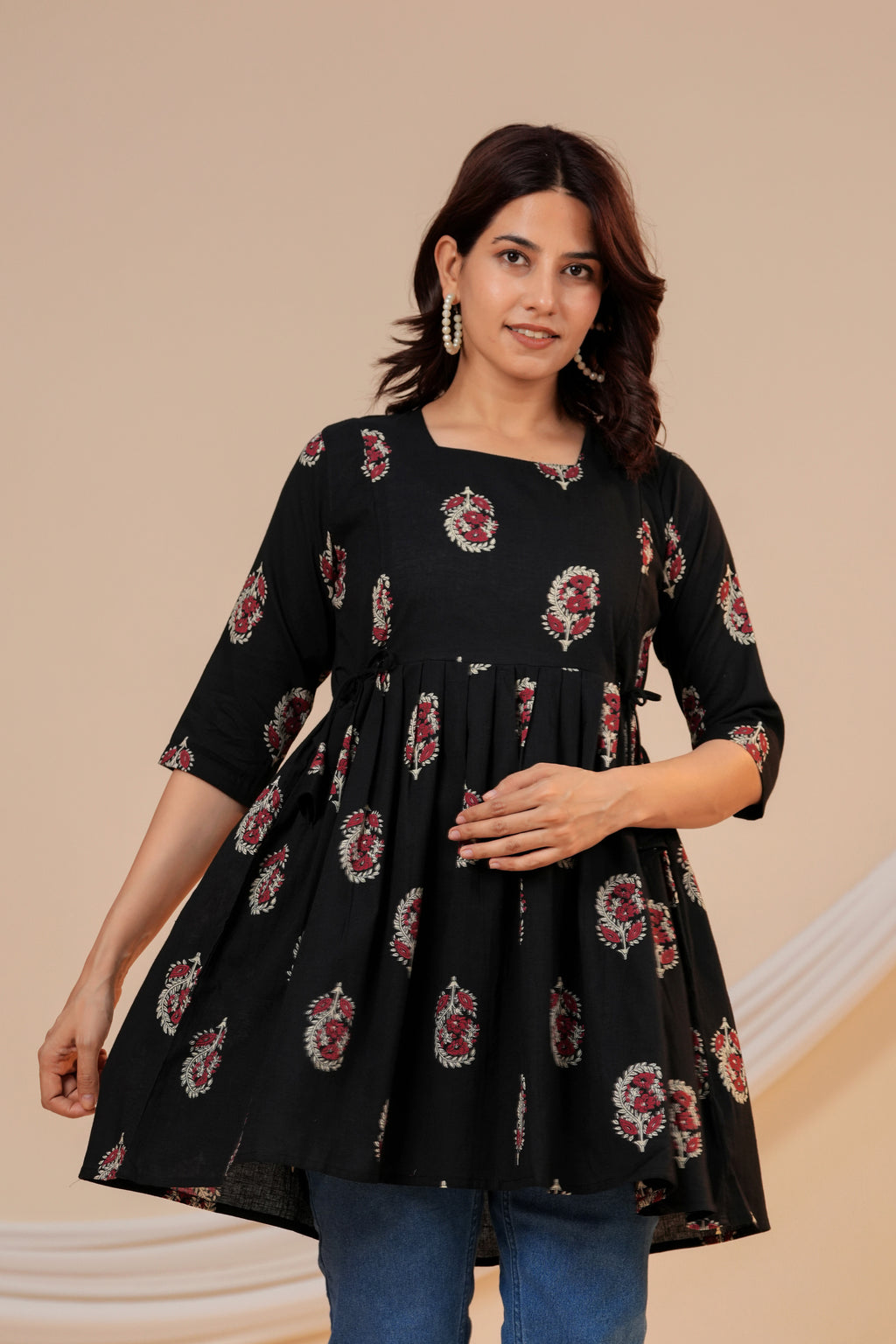 Classic Black Buti Print Cotton Maternity Kurti with Double Side Zippers