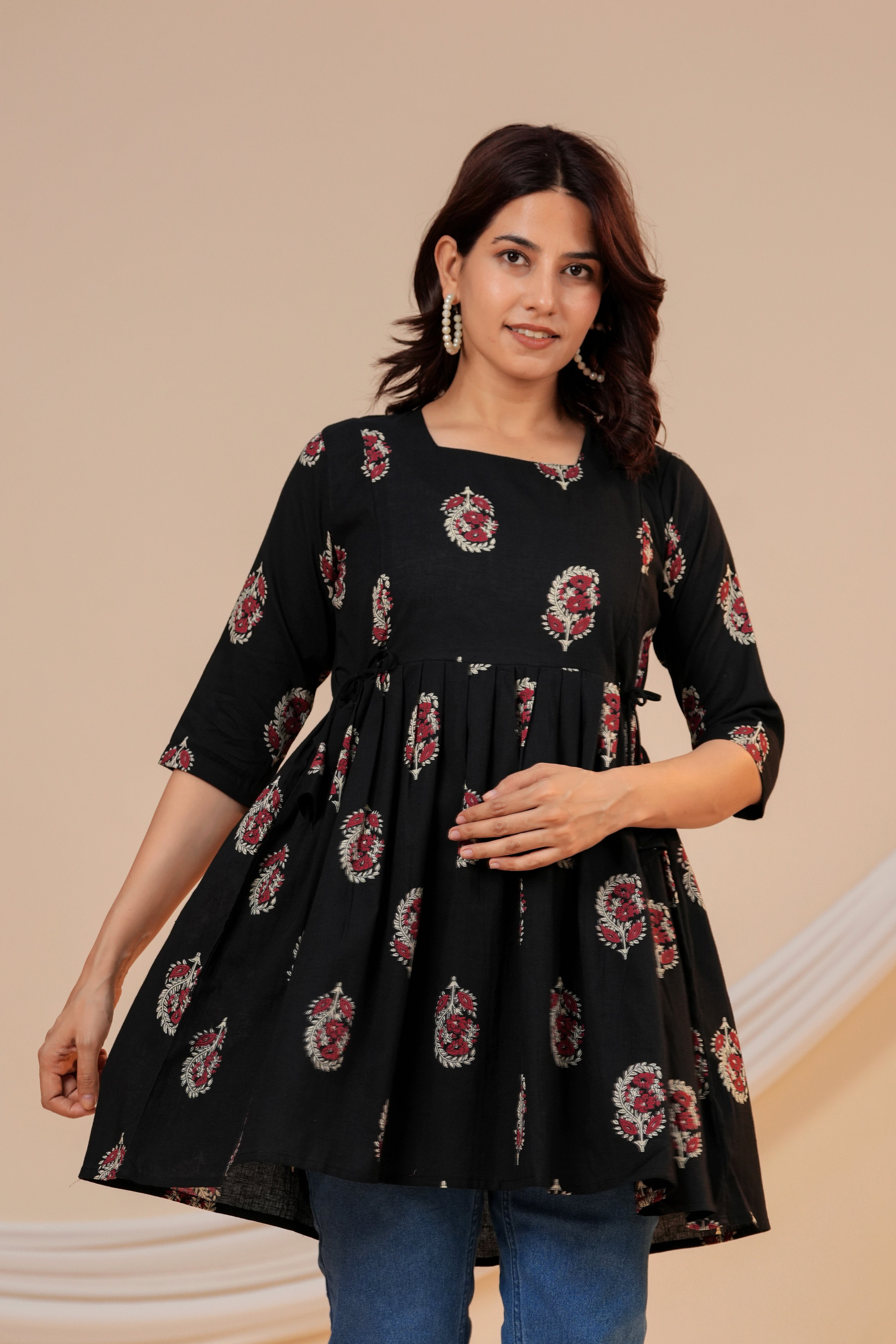 Classic Black Buti Print Cotton Maternity Kurti with Double Side Zippers
