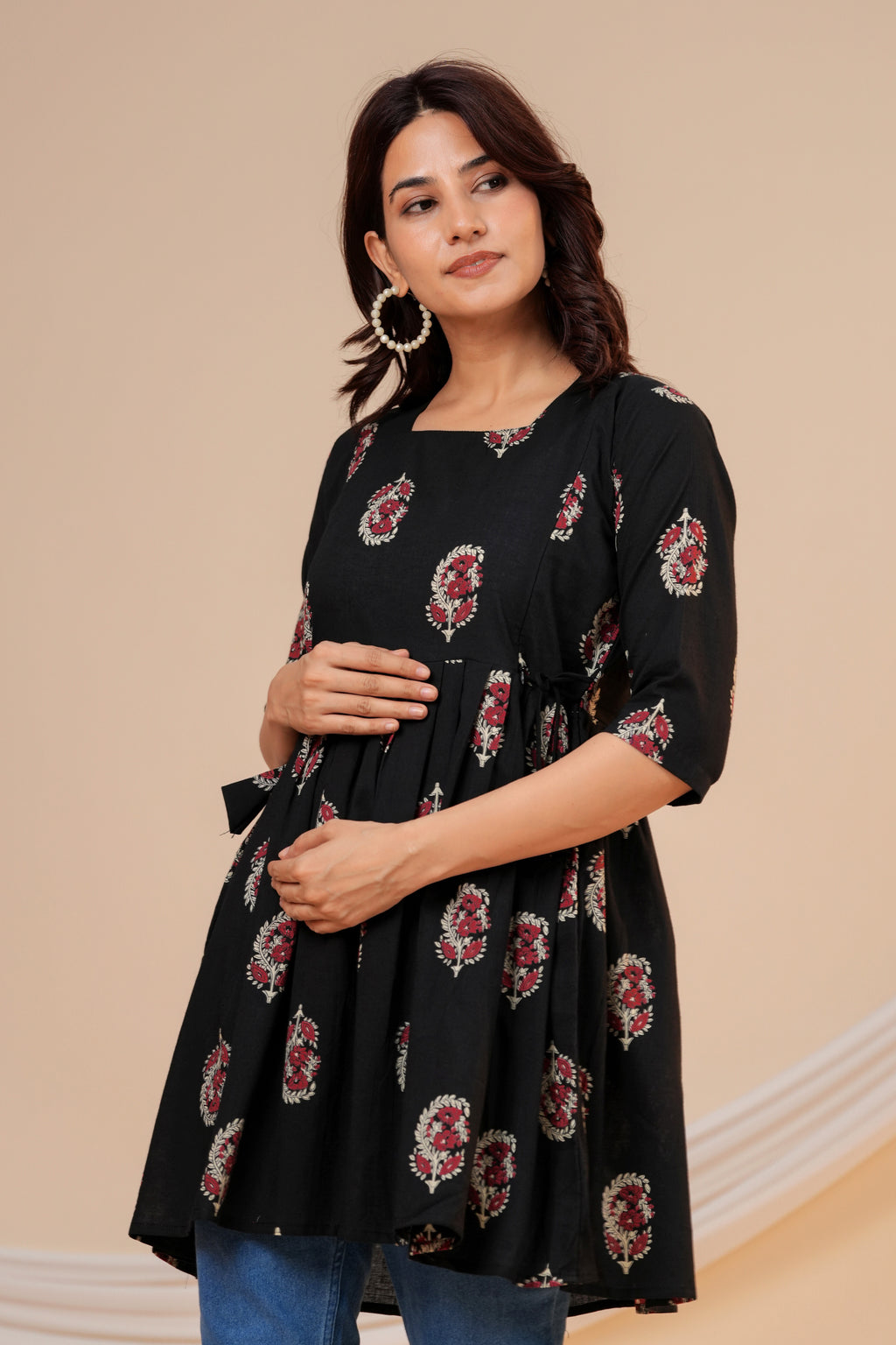 Classic Black Buti Print Cotton Maternity Kurti with Double Side Zippers