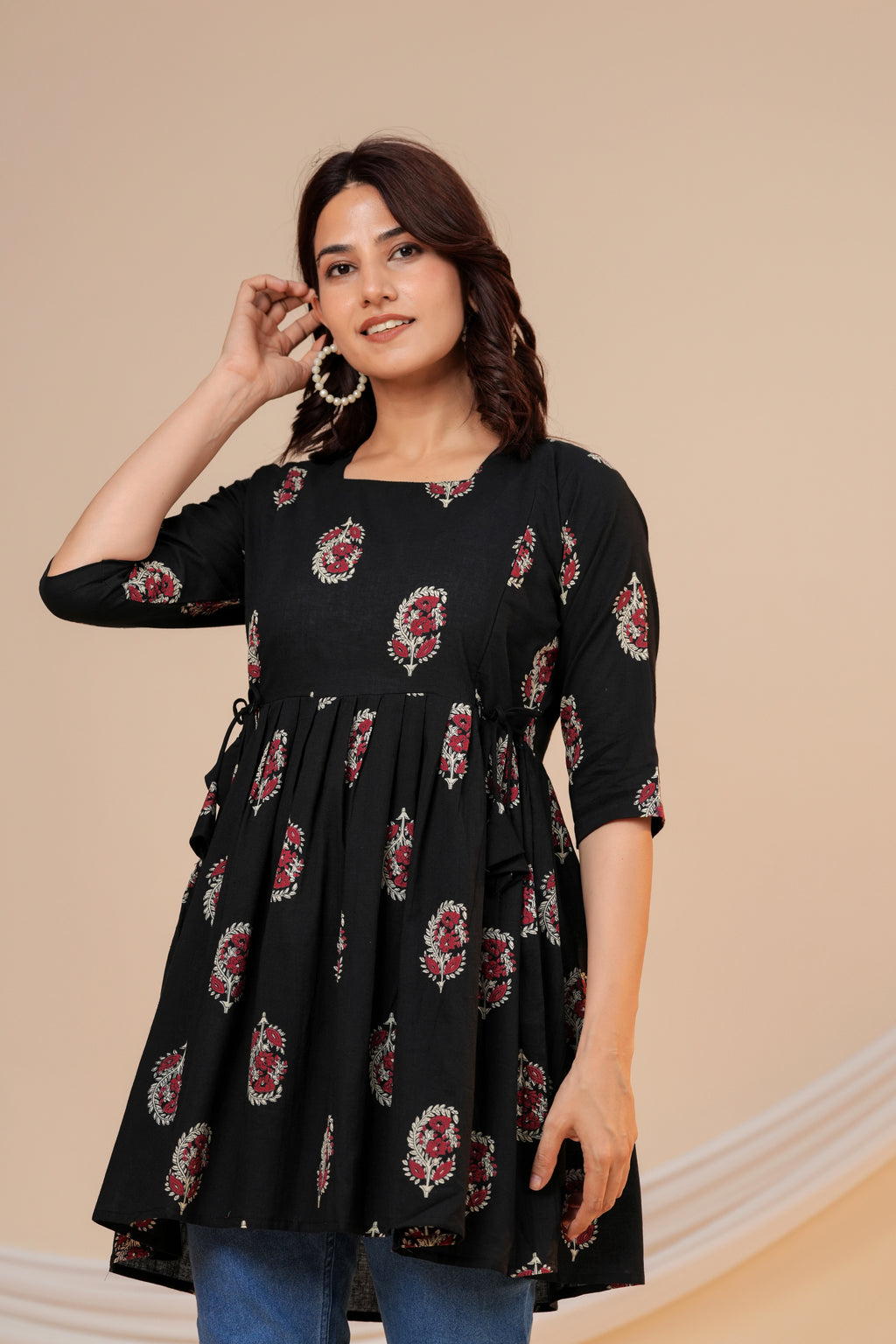 Classic Black Buti Print Cotton Maternity Kurti with Double Side Zippers