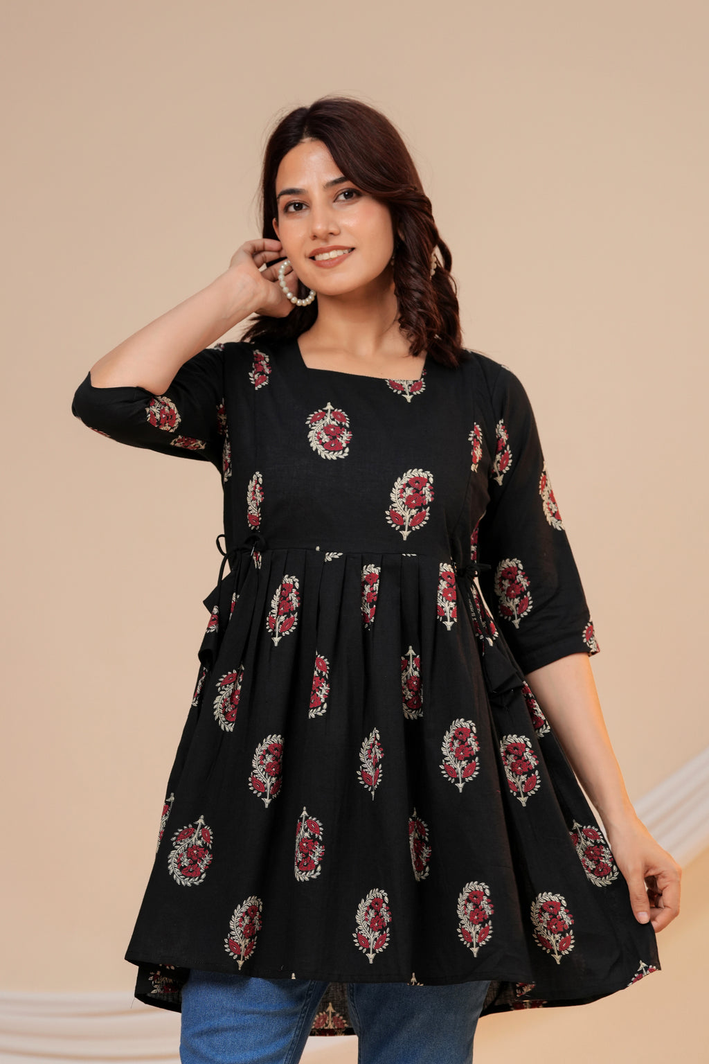 Classic Black Buti Print Cotton Maternity Kurti with Double Side Zippers