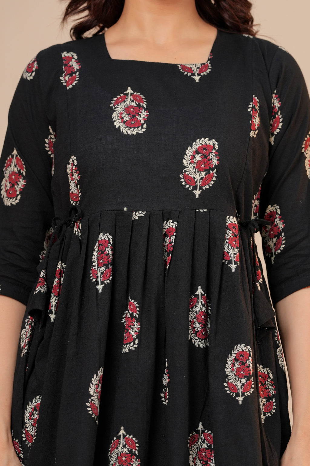Classic Black Buti Print Cotton Maternity Kurti with Double Side Zippers