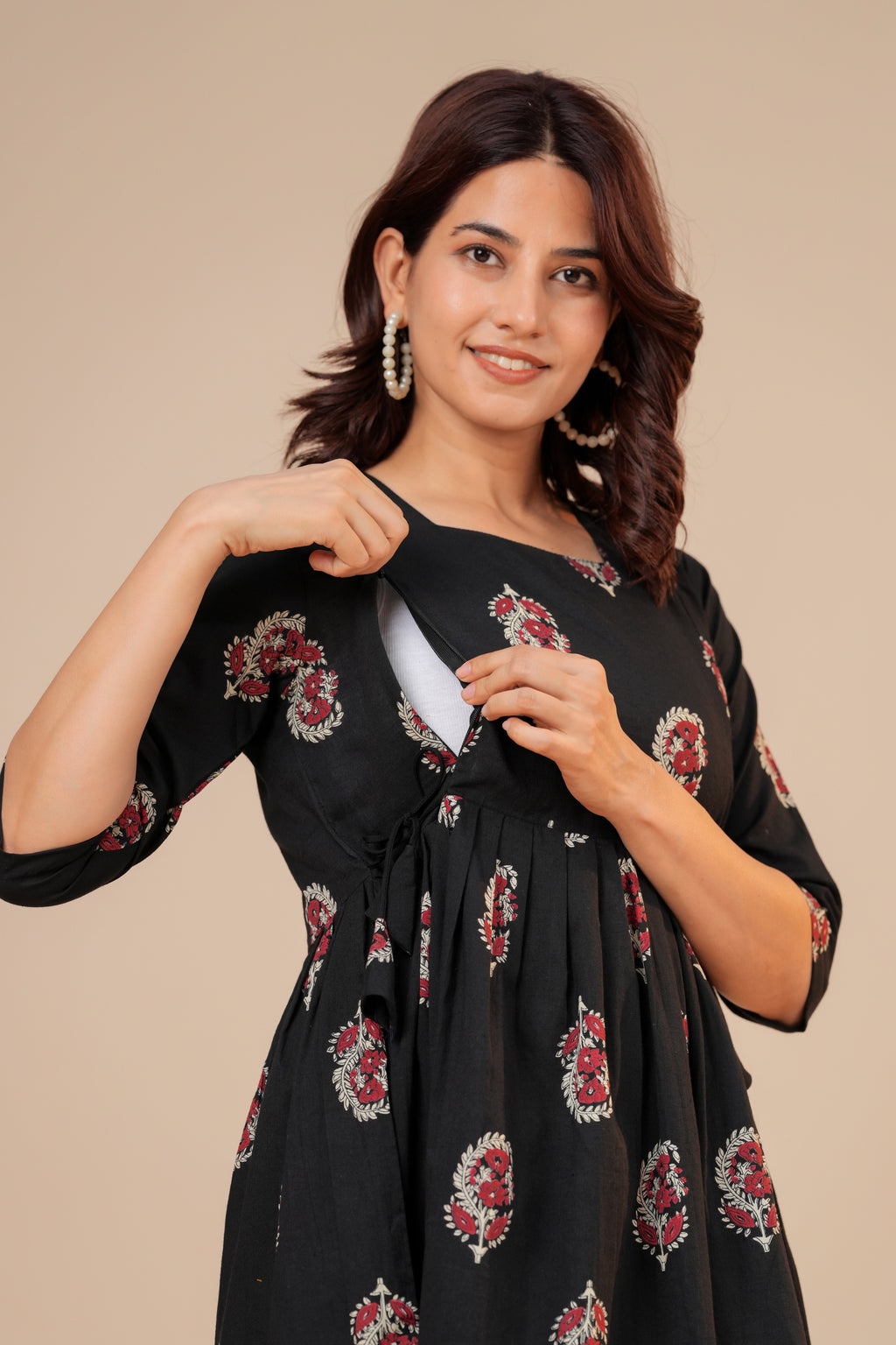 Classic Black Buti Print Cotton Maternity Kurti with Double Side Zippers