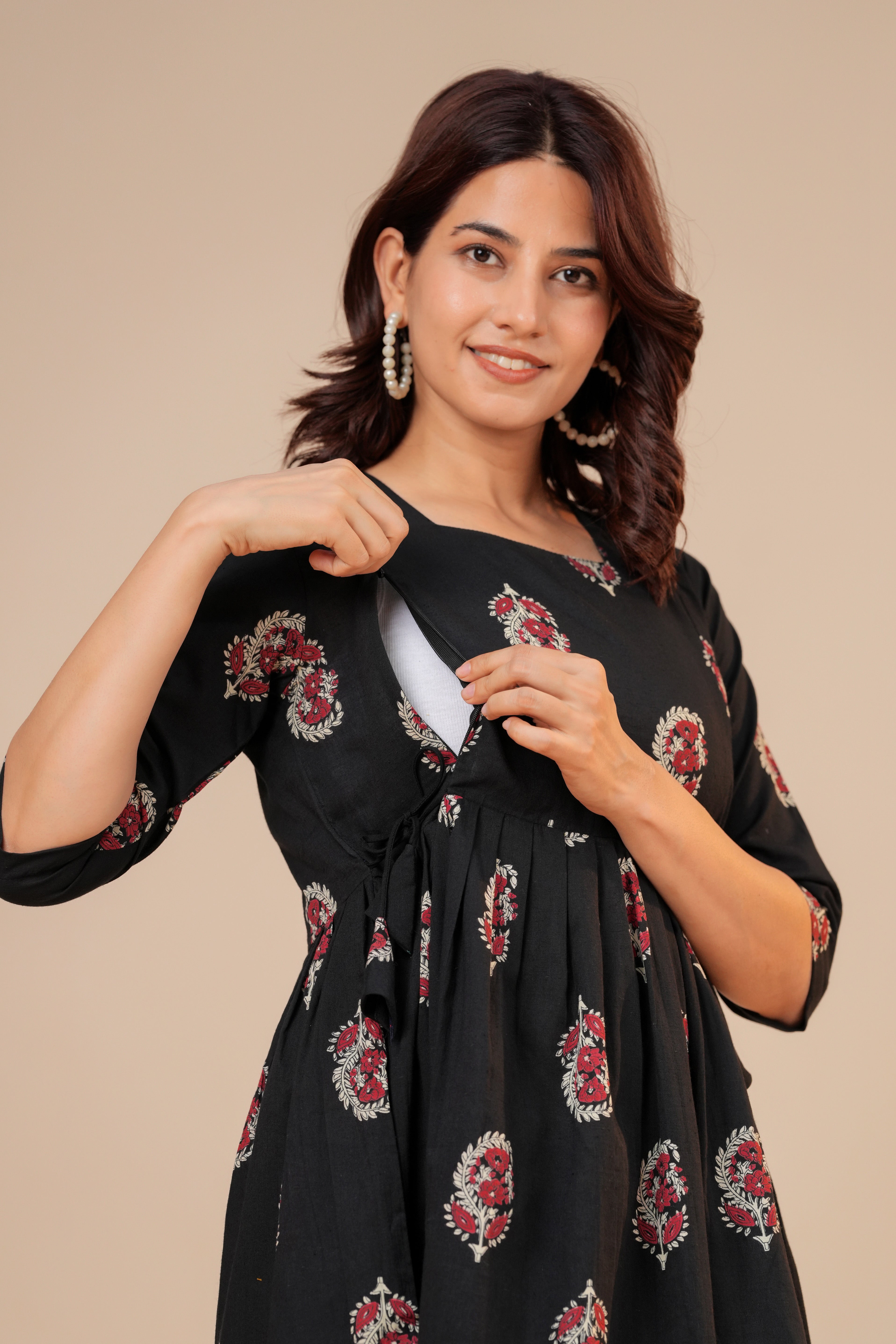 Classic Black Buti Print Cotton Maternity Kurti with Double Side Zippers