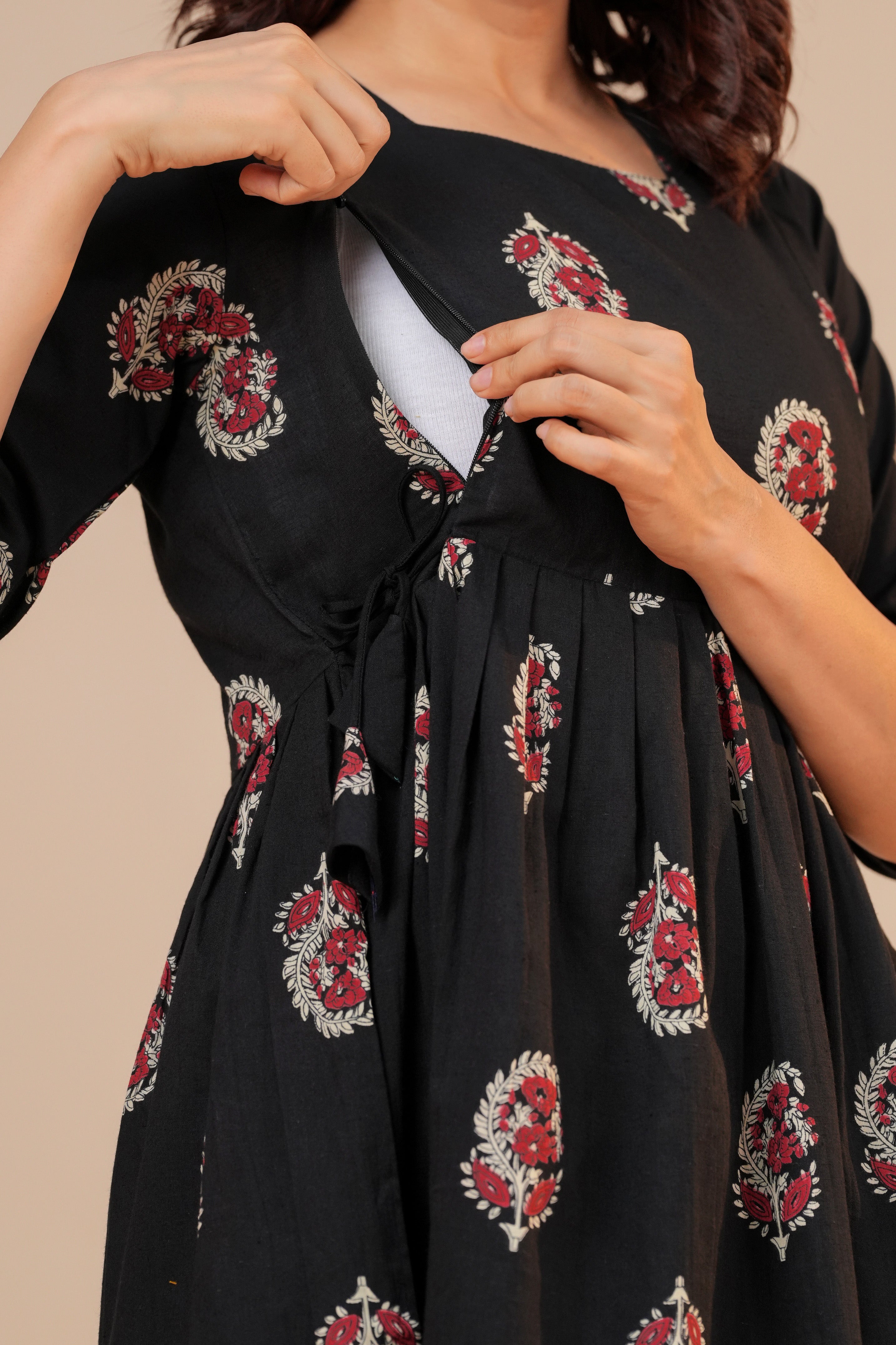 Classic Black Buti Print Cotton Maternity Kurti with Double Side Zippers