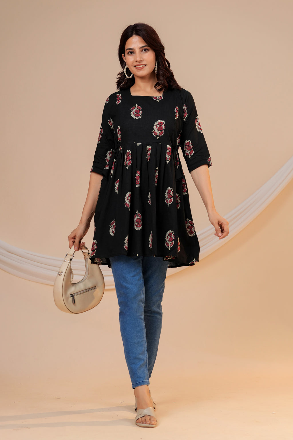 Classic Black Buti Print Cotton Maternity Kurti with Double Side Zippers