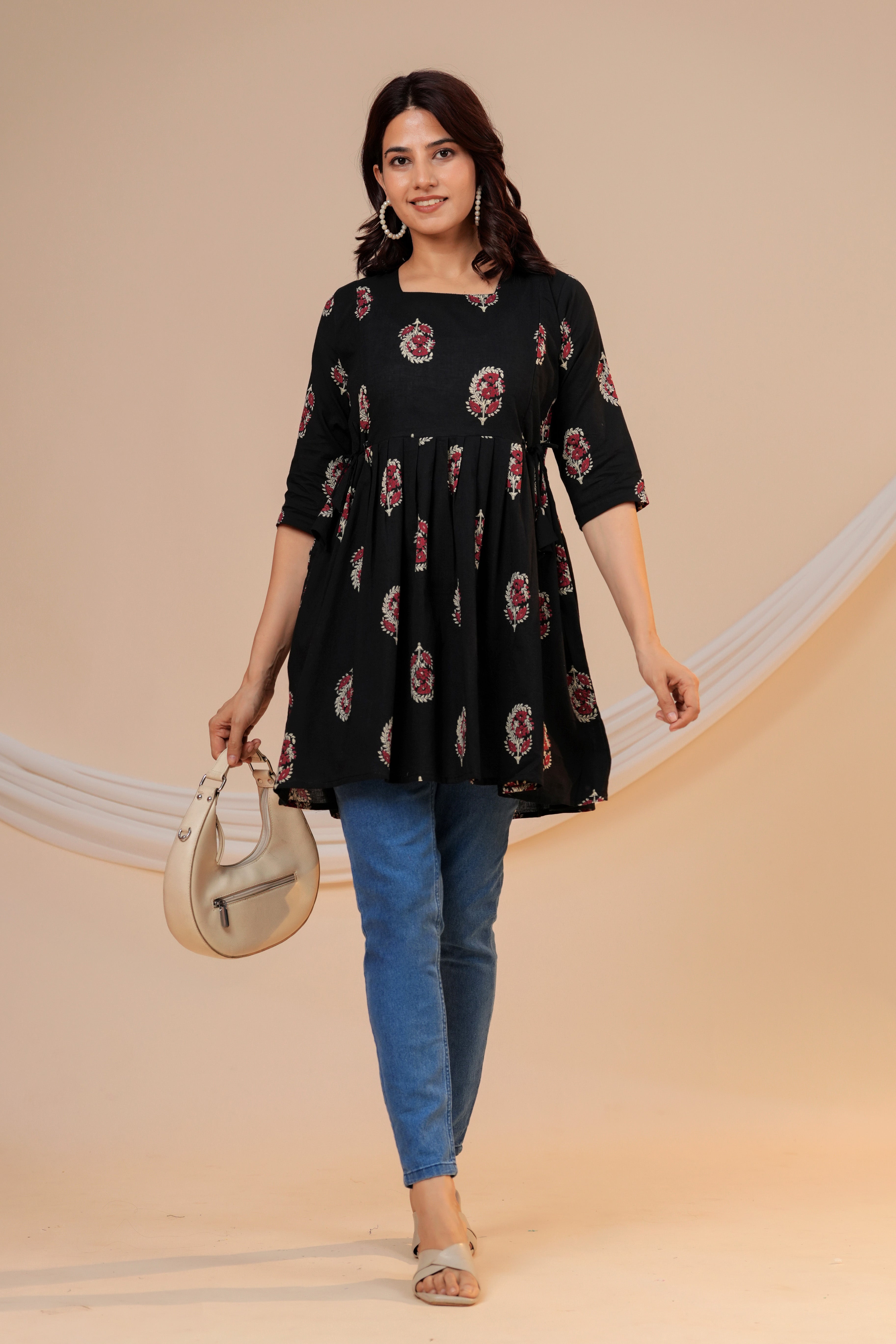 Classic Black Buti Print Cotton Maternity Kurti with Double Side Zippers