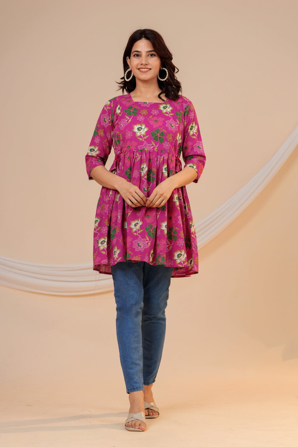 Blossom Pink Floral Cotton Maternity Kurti with Double Side Zippers