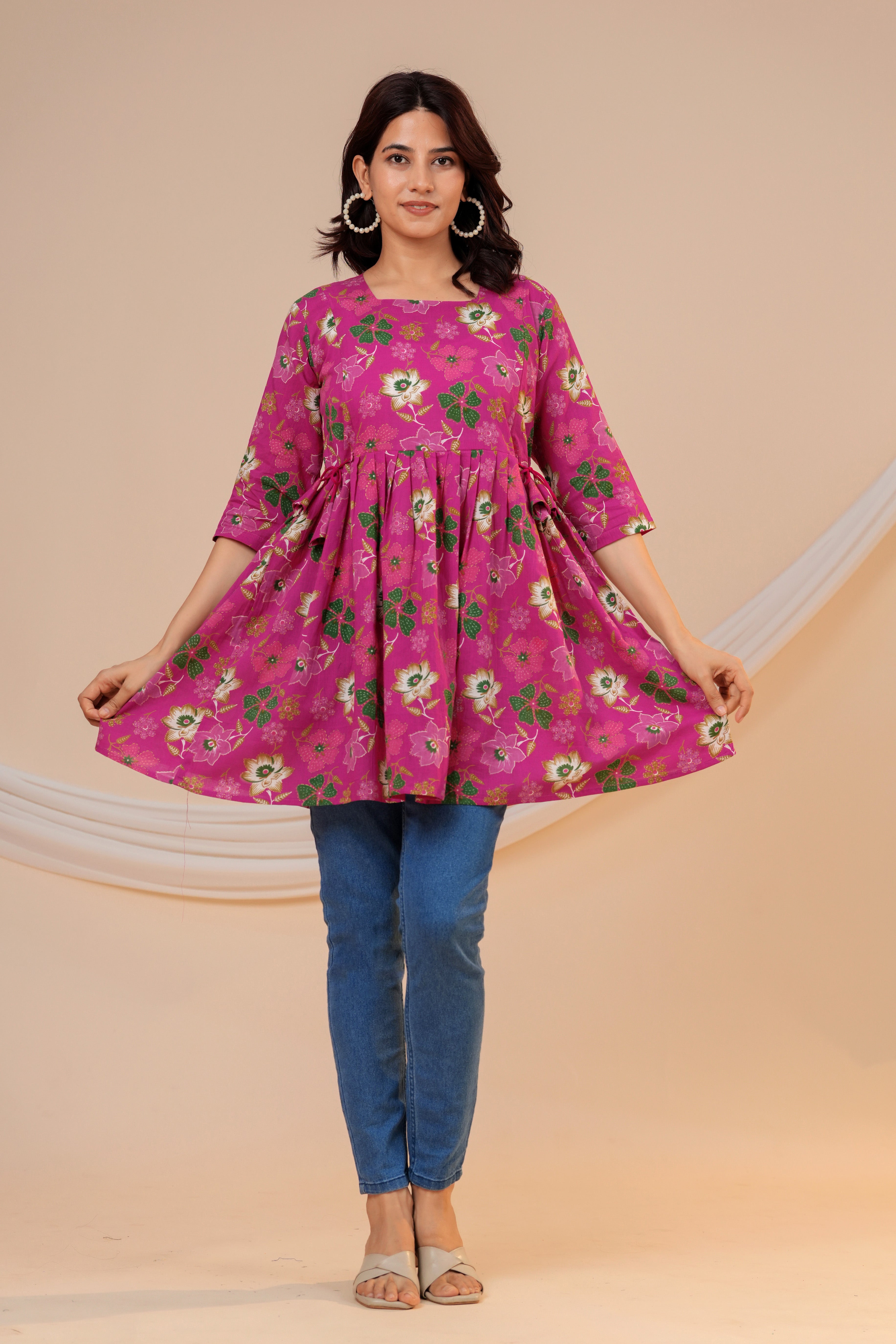 Blossom Pink Floral Cotton Maternity Kurti with Double Side Zippers