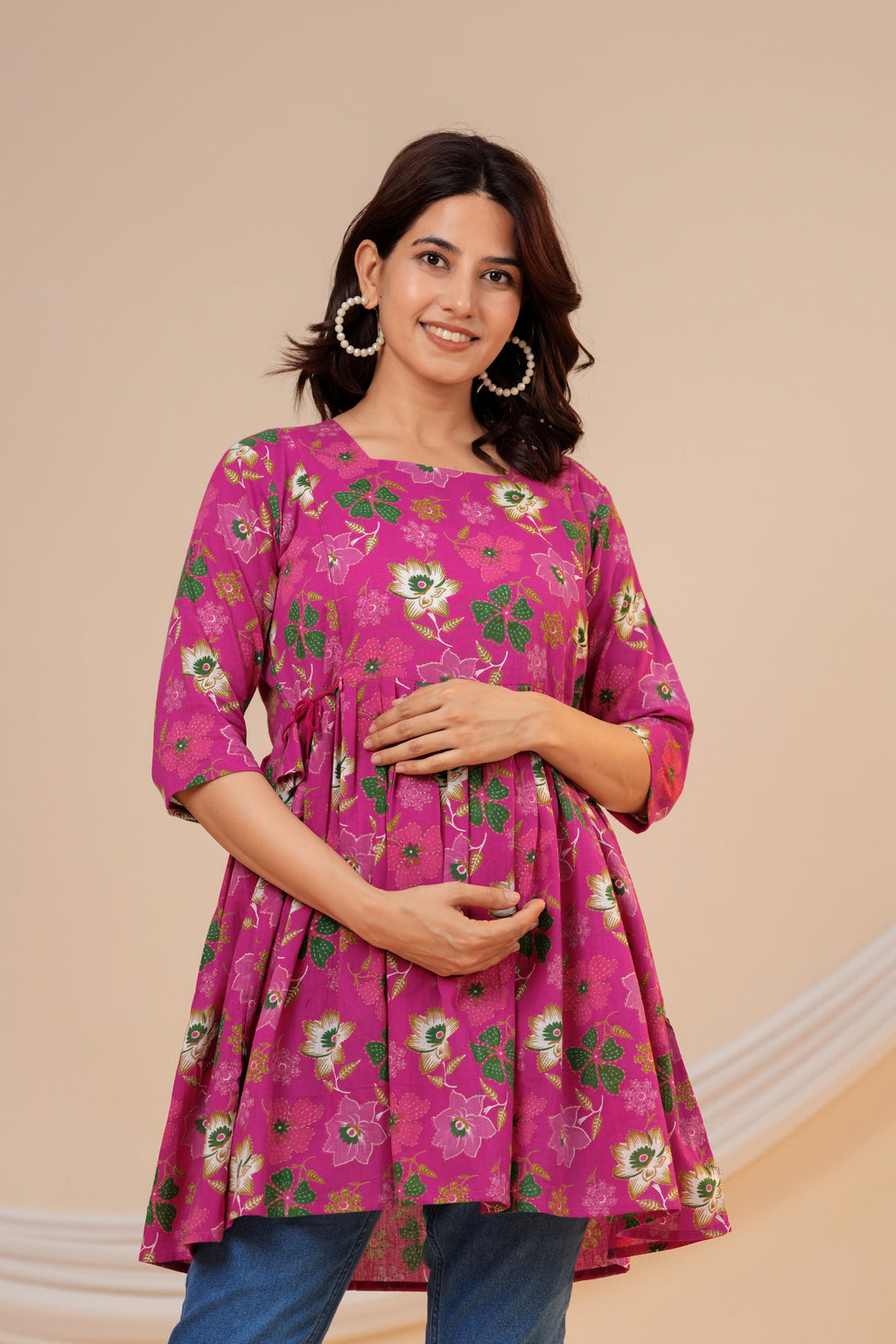 Blossom Pink Floral Cotton Maternity Kurti with Double Side Zippers