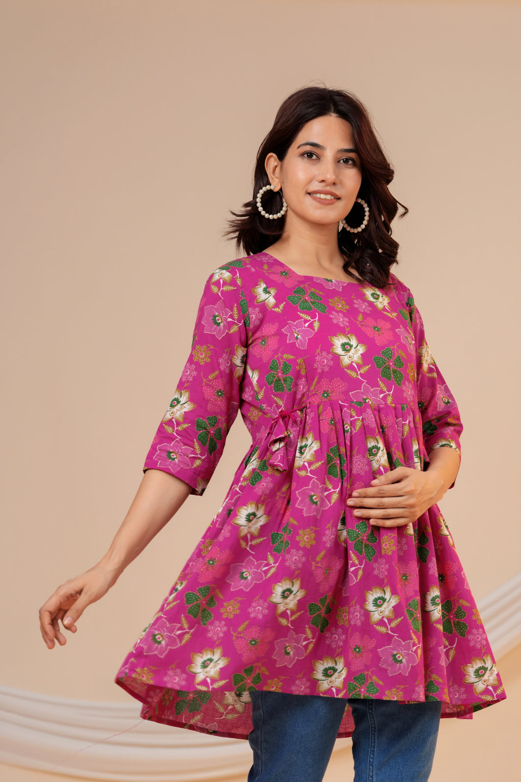 Blossom Pink Floral Cotton Maternity Kurti with Double Side Zippers