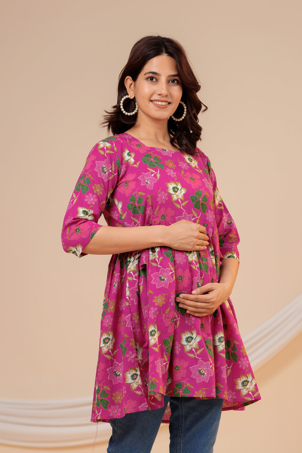 Blossom Pink Floral Cotton Maternity Kurti with Double Side Zippers