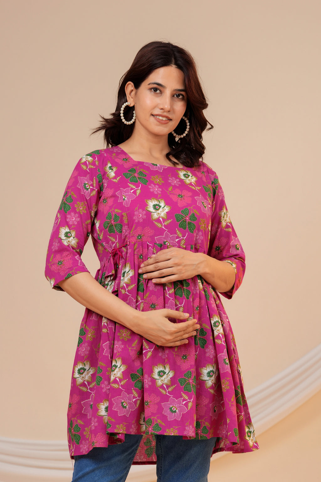 Blossom Pink Floral Cotton Maternity Kurti with Double Side Zippers