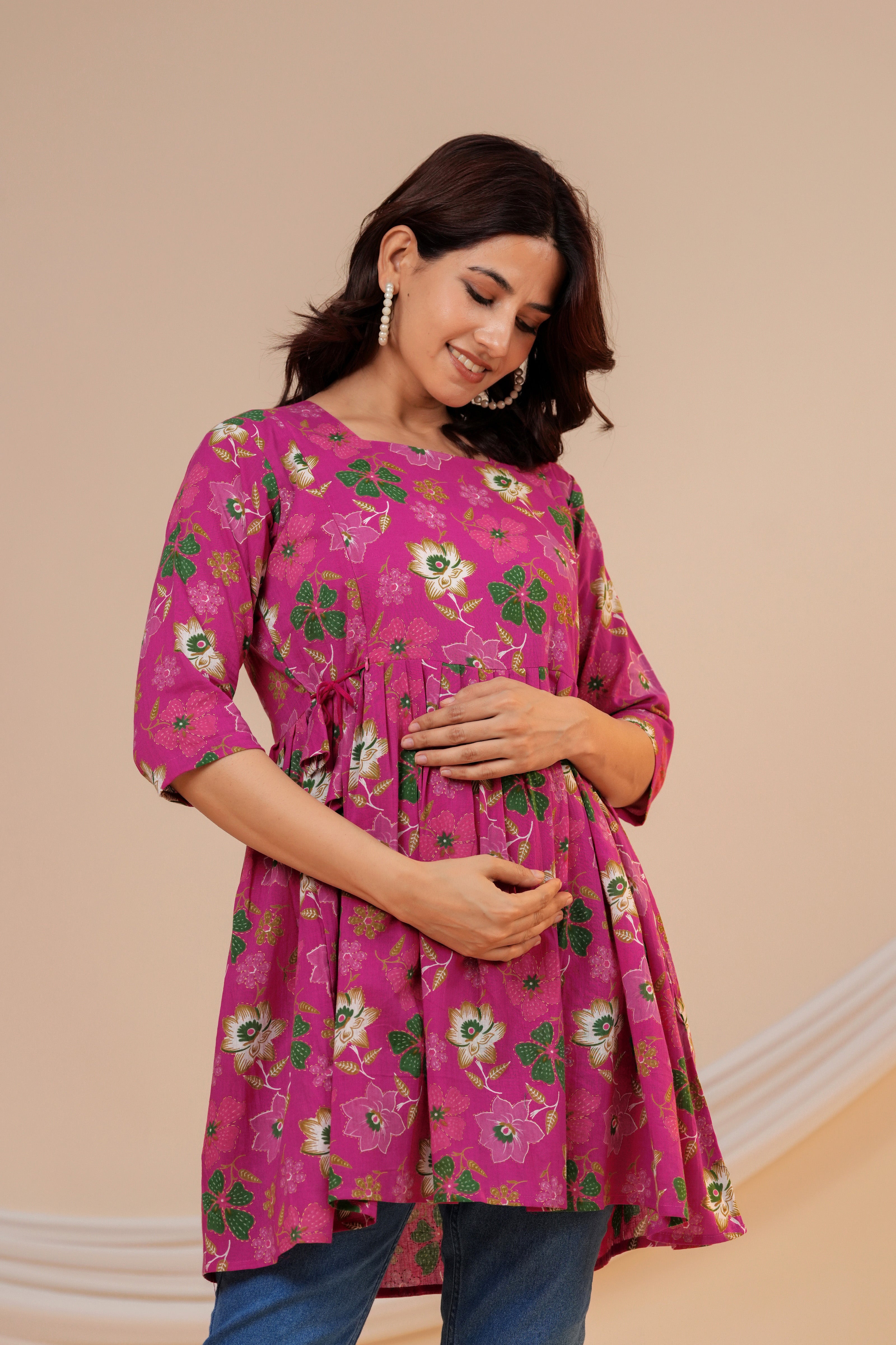 Blossom Pink Floral Cotton Maternity Kurti with Double Side Zippers
