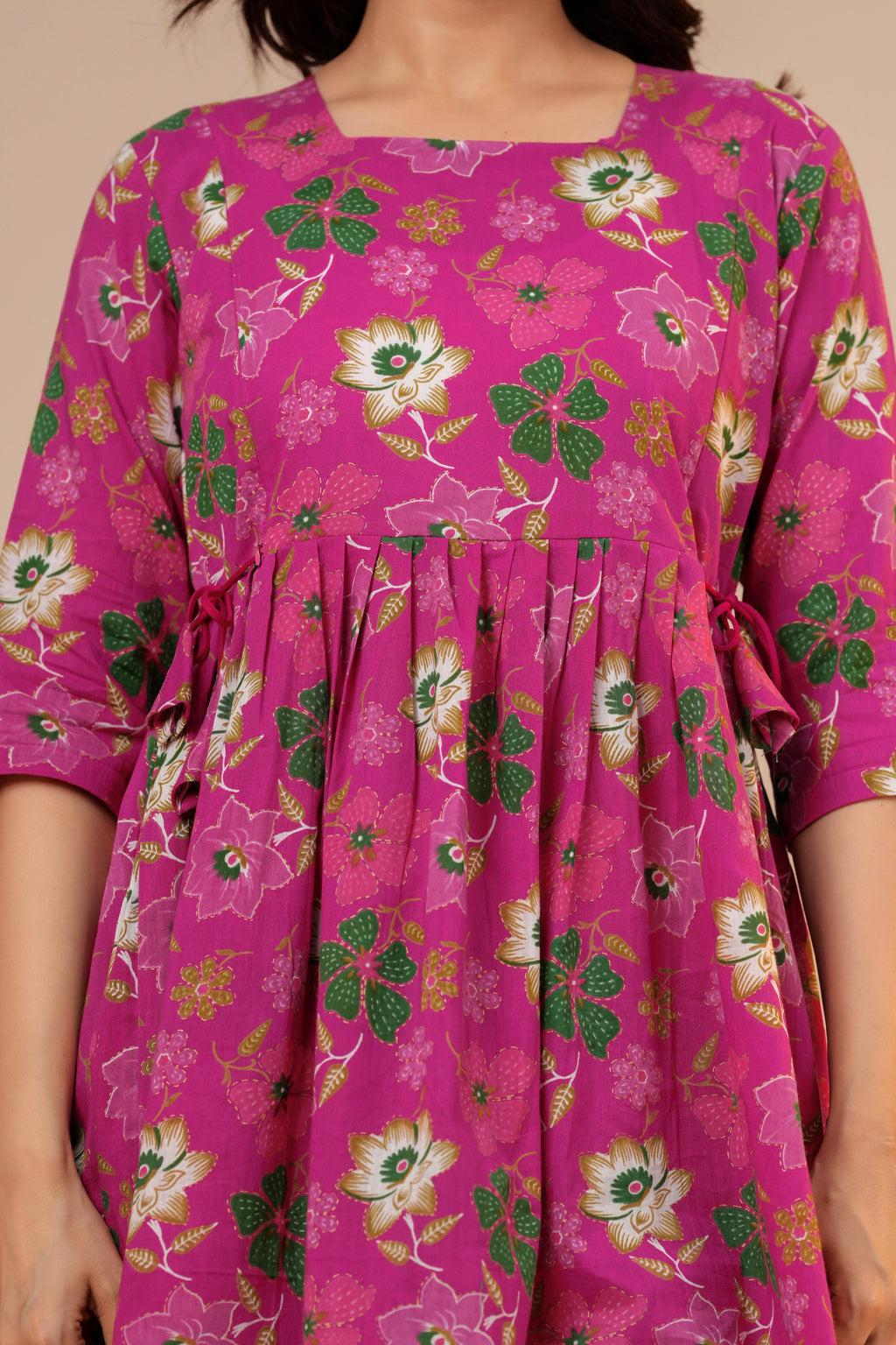 Blossom Pink Floral Cotton Maternity Kurti with Double Side Zippers