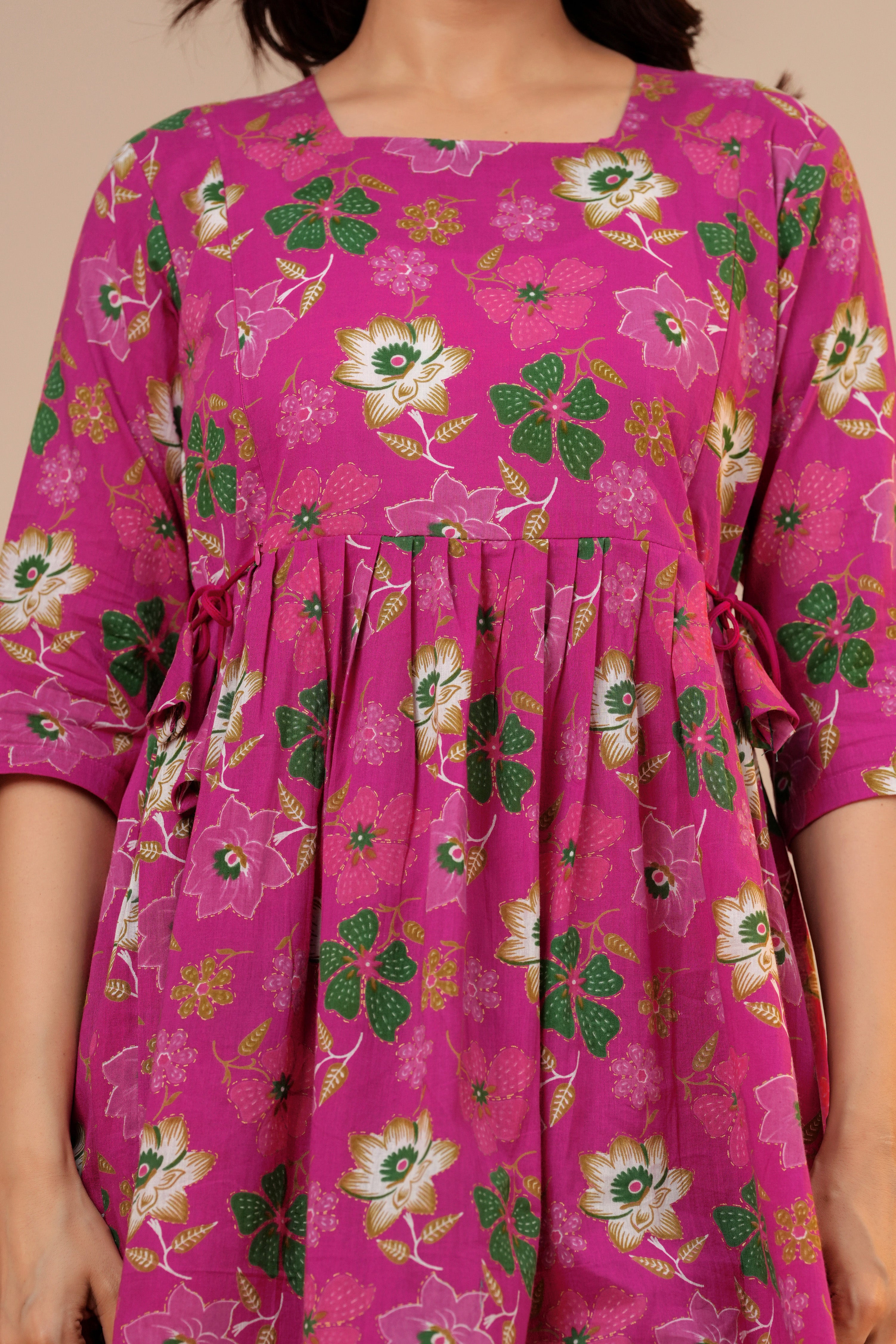 Blossom Pink Floral Cotton Maternity Kurti with Double Side Zippers