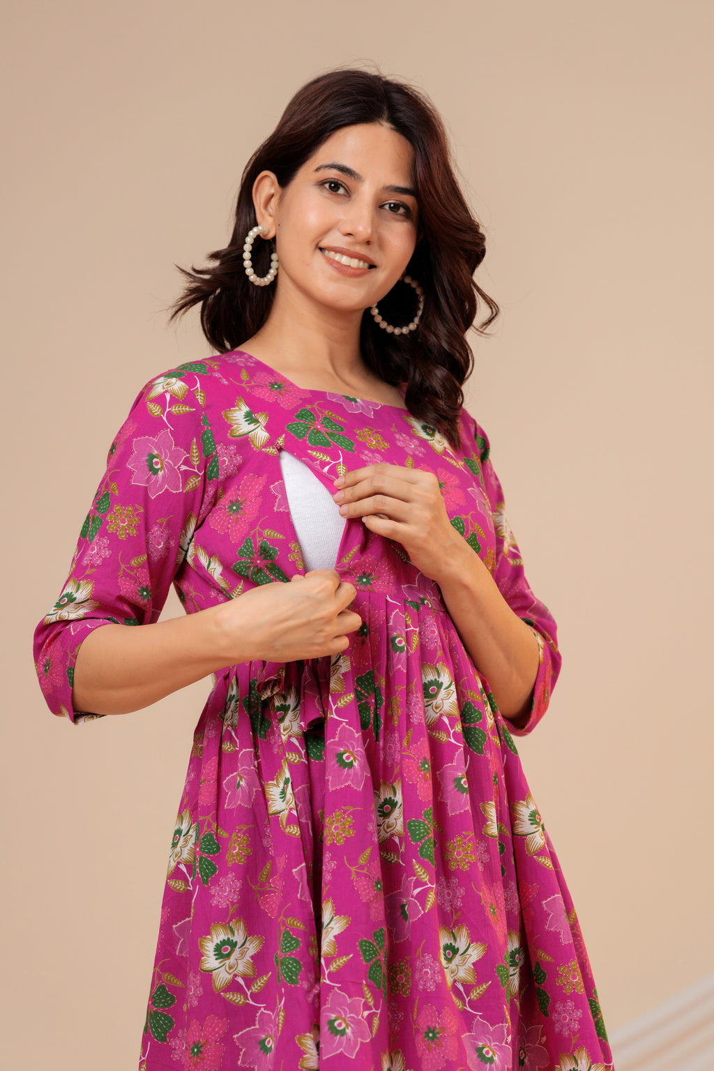 Blossom Pink Floral Cotton Maternity Kurti with Double Side Zippers