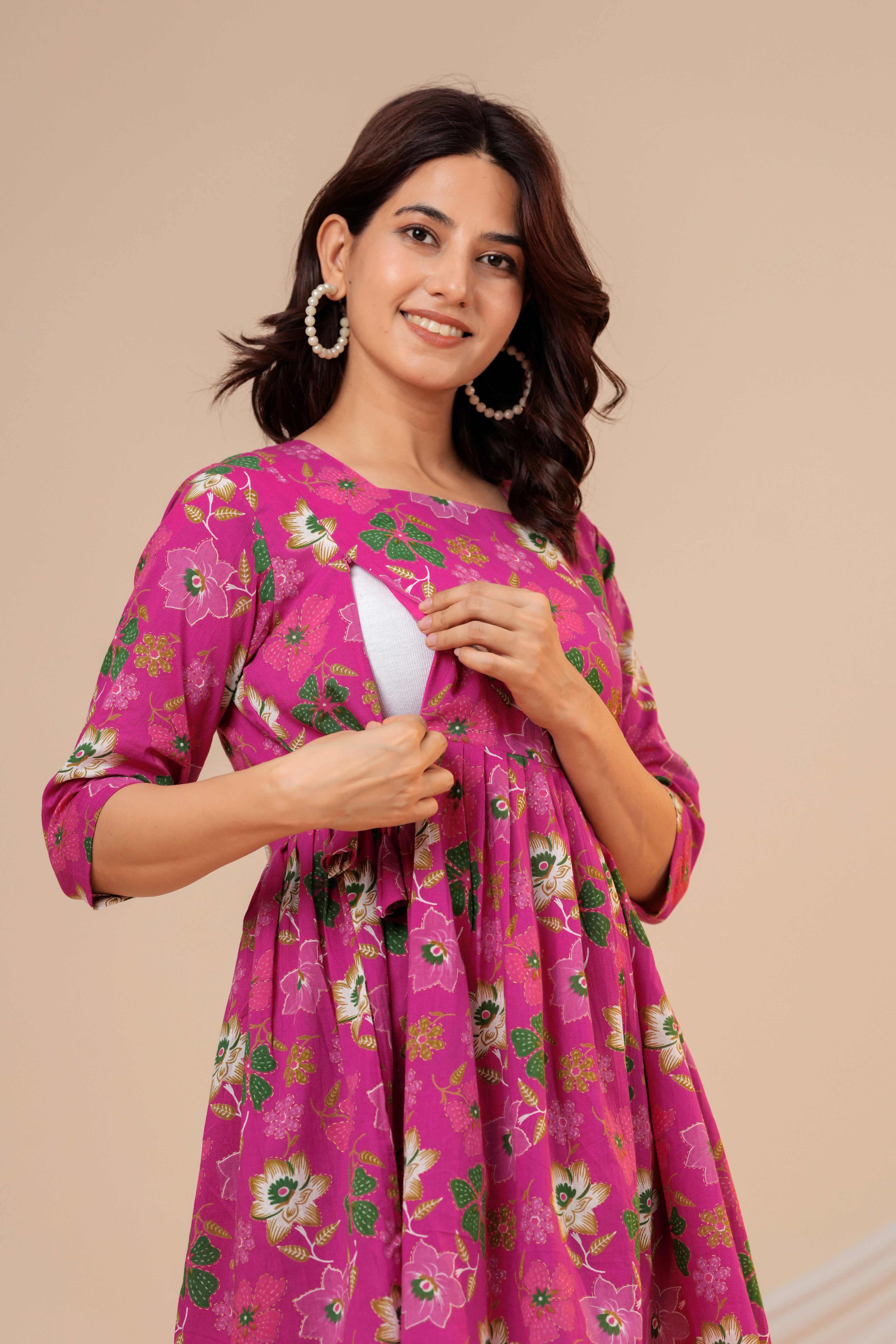 Blossom Pink Floral Cotton Maternity Kurti with Double Side Zippers
