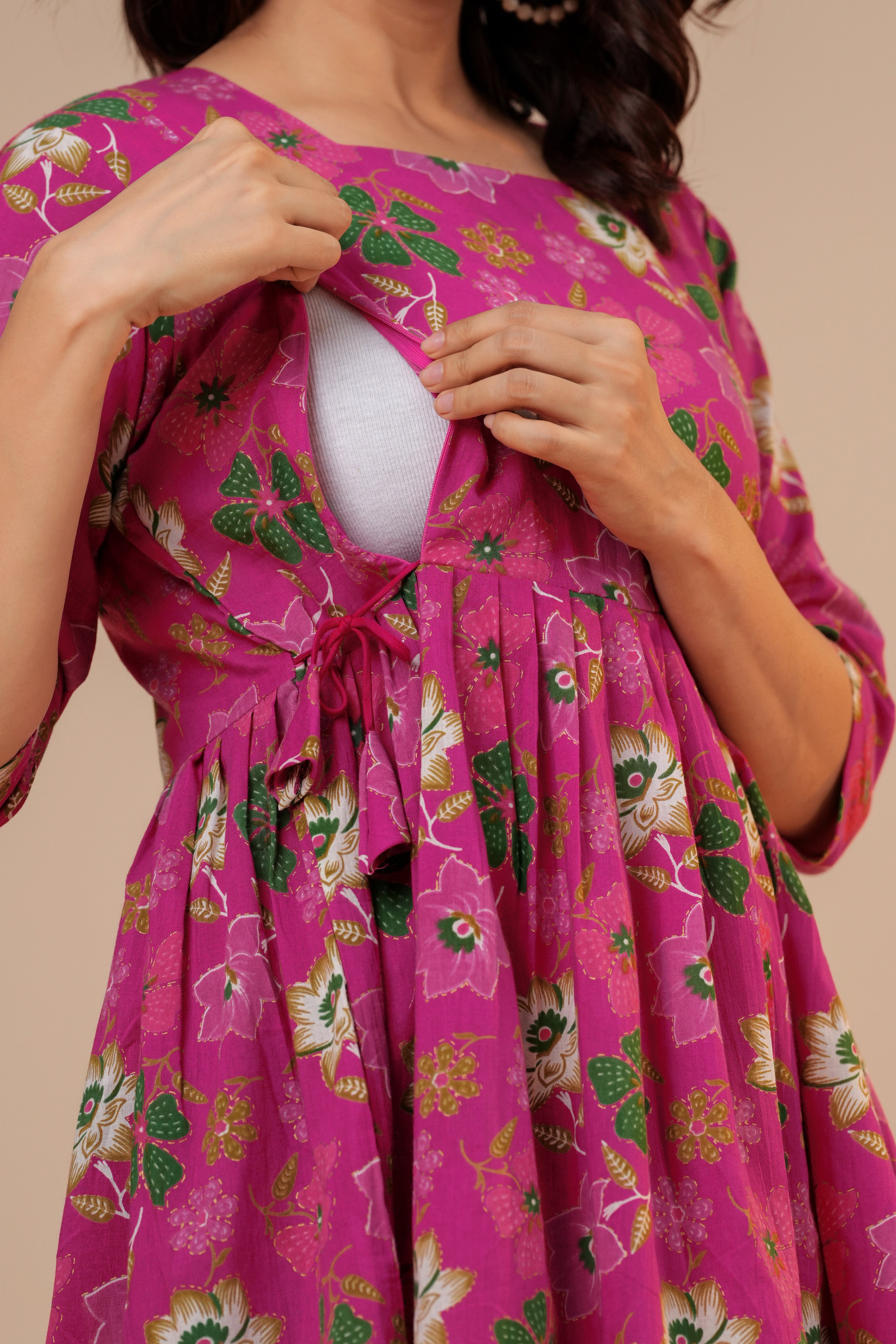 Blossom Pink Floral Cotton Maternity Kurti with Double Side Zippers