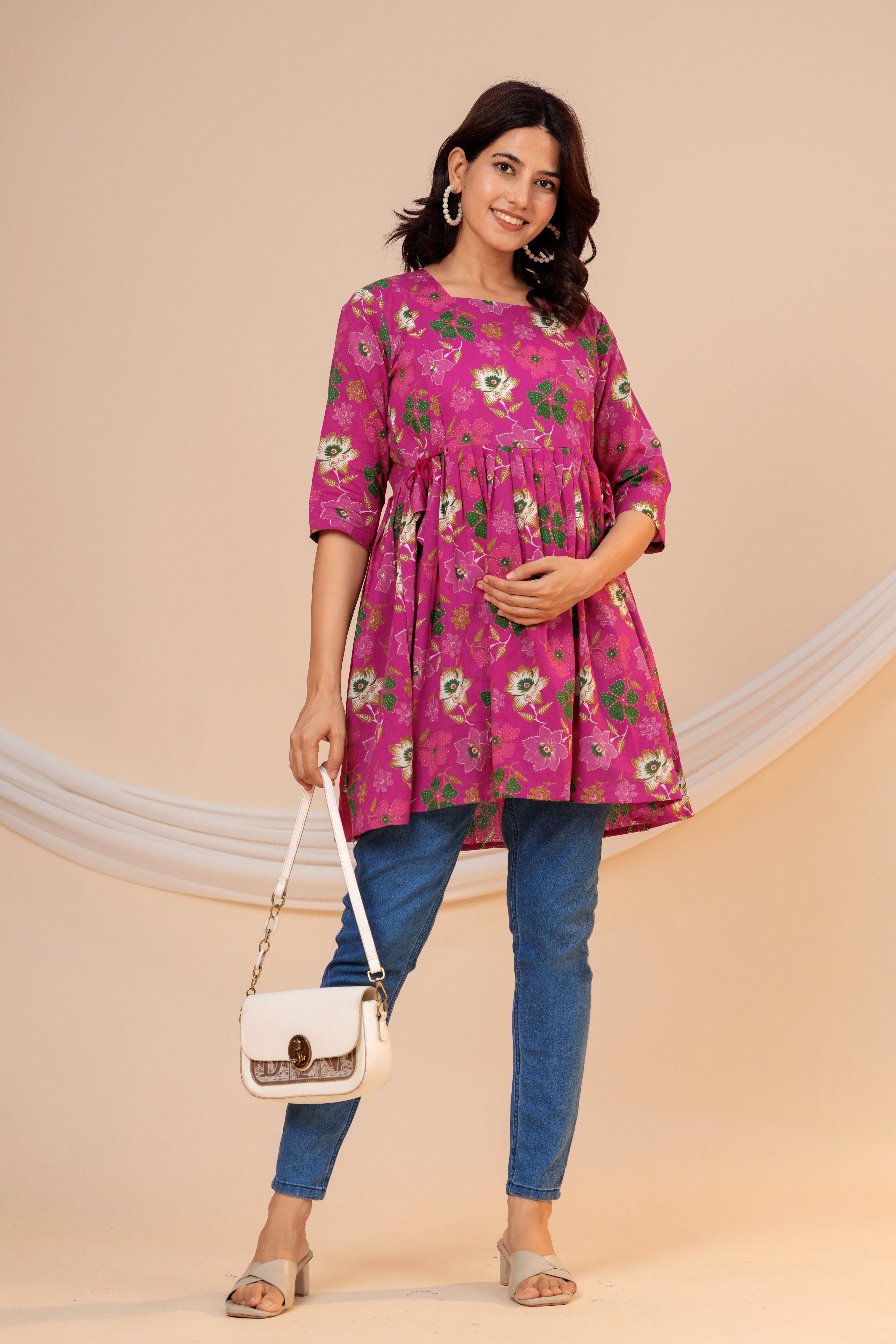 Blossom Pink Floral Cotton Maternity Kurti with Double Side Zippers