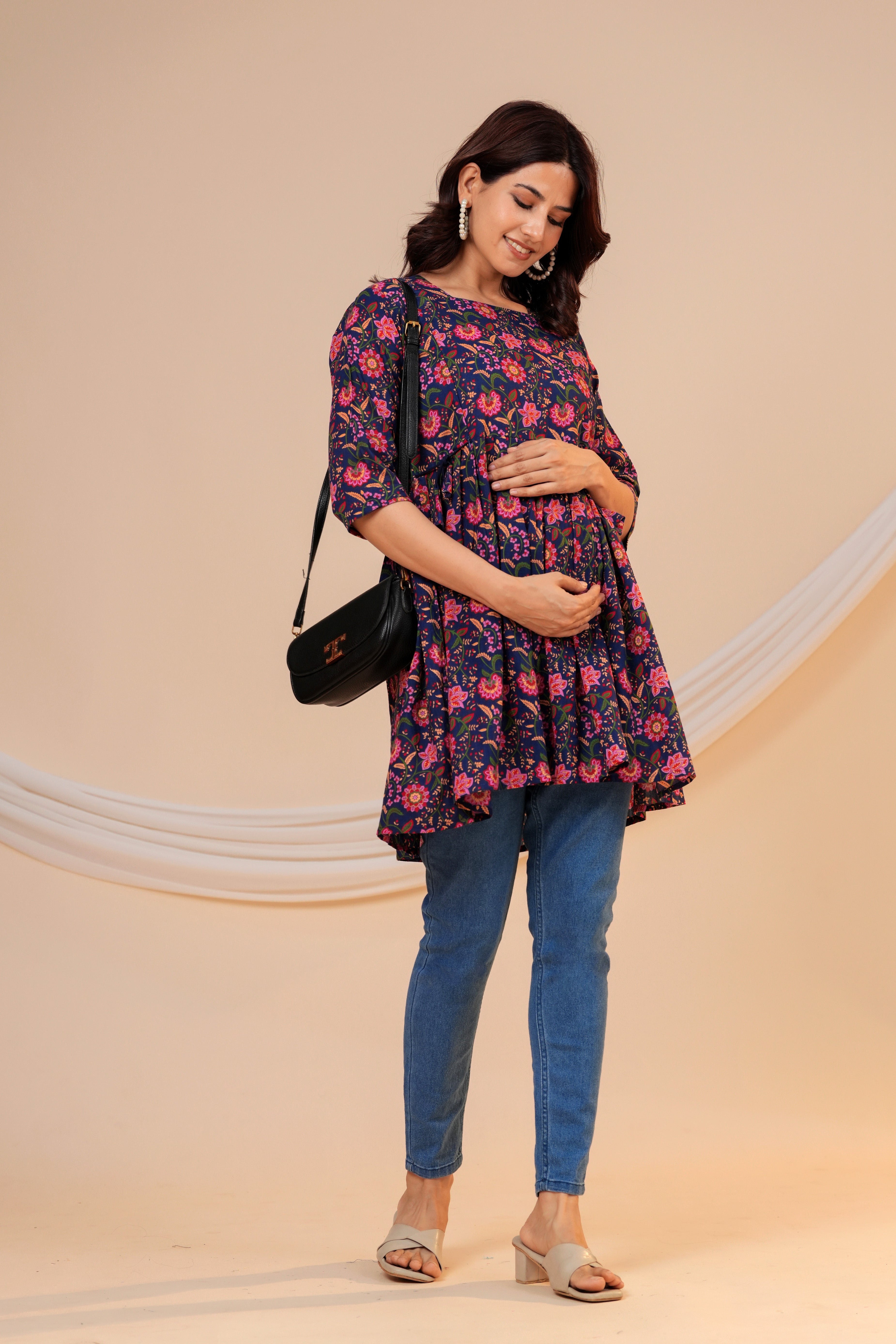 Midnight Bloom Floral Cotton Maternity Kurti with Double Side Zippers