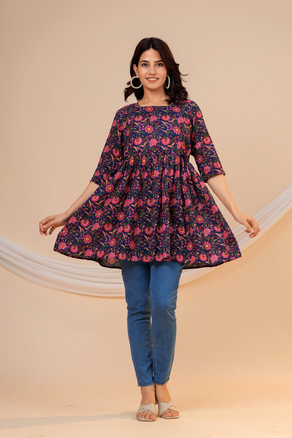 Midnight Bloom Floral Cotton Maternity Kurti with Double Side Zippers